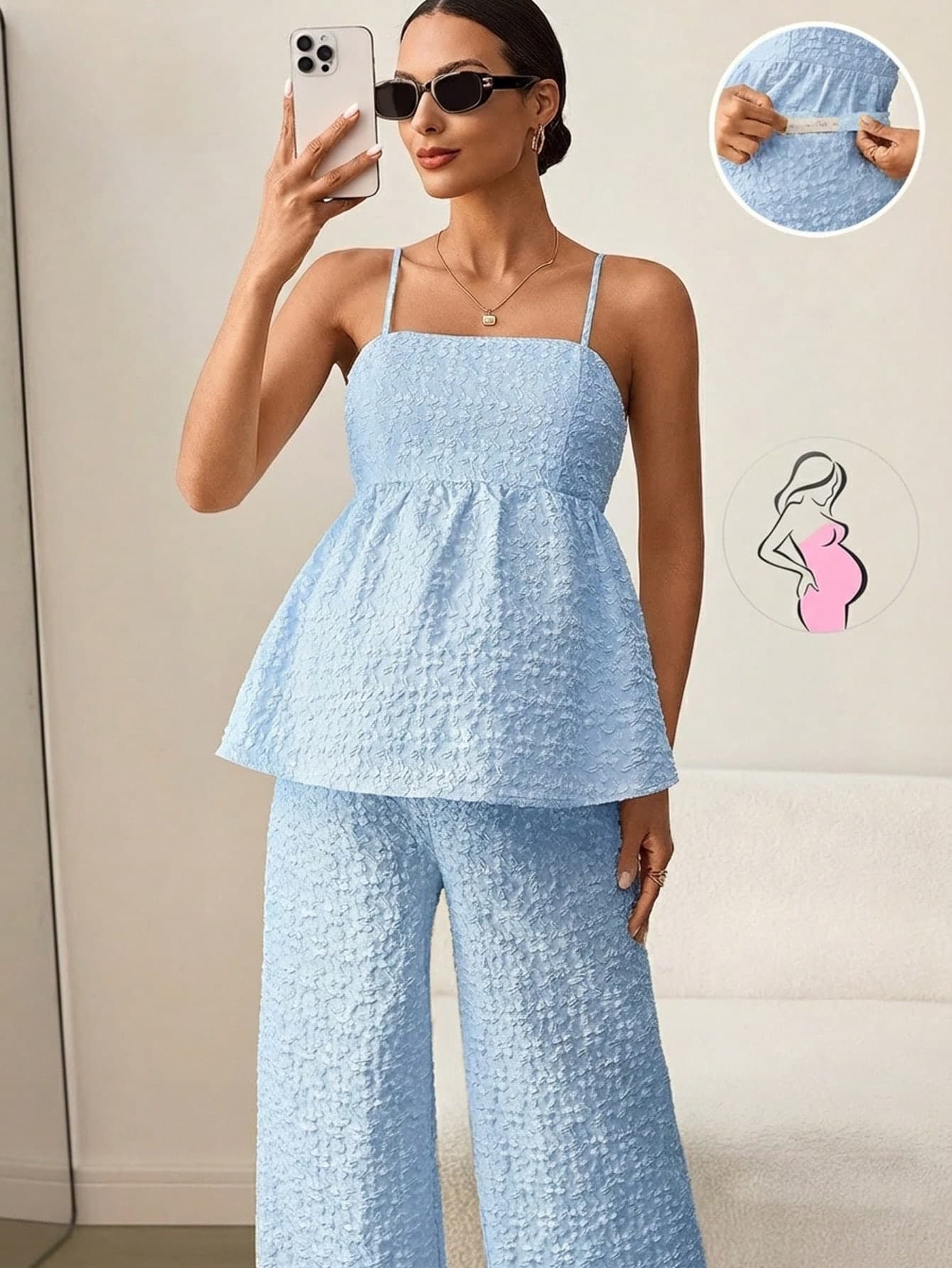 MaterniWear 2pcs/Set Pregnant Women Jacquard Tie Front Top And Adjustable Waist Wide Leg Pants, Casual Daily Wear