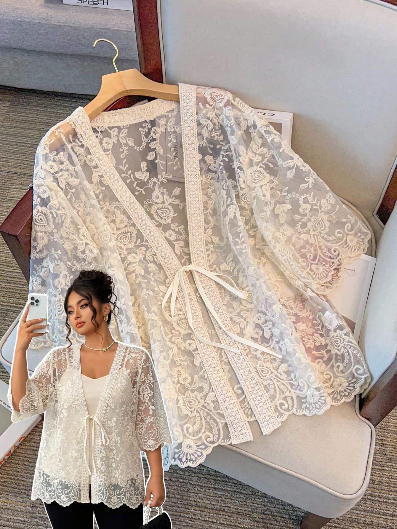 GlowEve CURVE Plus Size Women V-Neck Tie-Up Sheer Vacation Blouse, Half Sleeve Openwork Embroidered Cardigan Outerwear