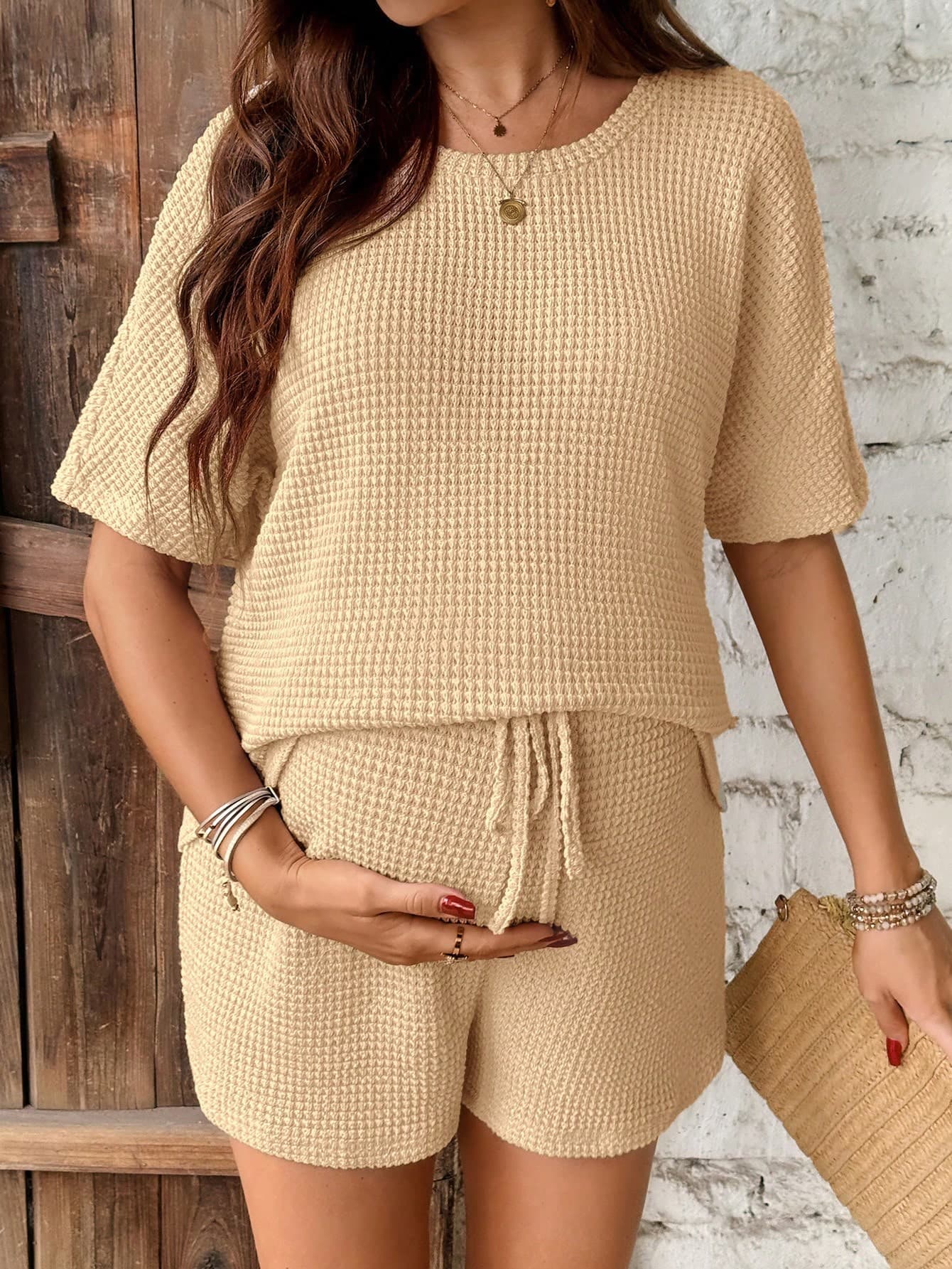 SHEIN Summer Maternity Casual 2 Pieces Set, Solid Color T-Shirt And Shorts Outfit For Women, Lounge Wear Matching Set For Photoshoot, Pink And Blue