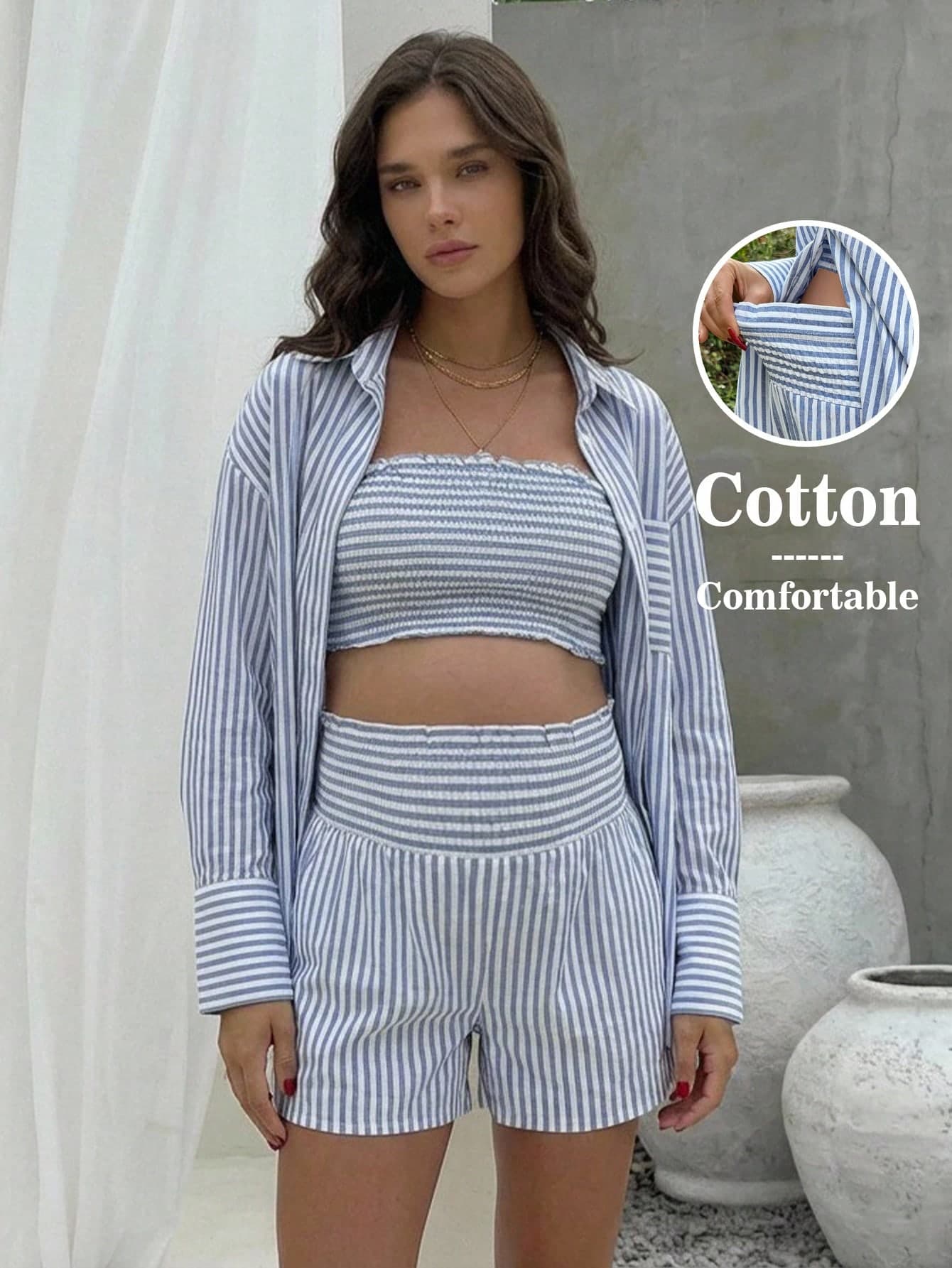 SHEIN 3pcs Maternity Striped Ruched Bandeau Top,Shorts And Long Sleeve Cardigan Set,White,Autumn,Casual,Sequin,Holiday Oversized Blouse Summer Shirt Women