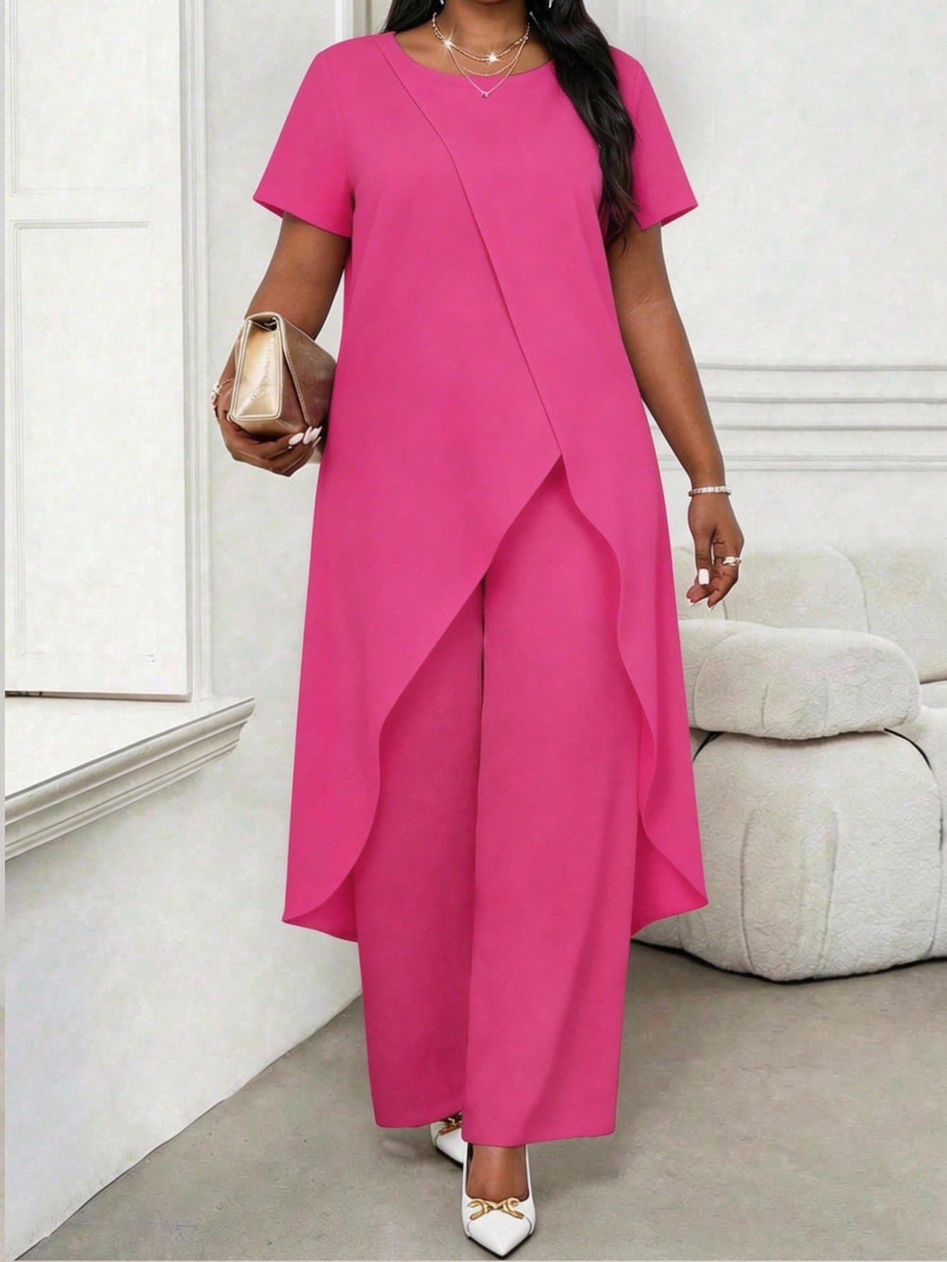 SHEIN Lady Plus Size Elegant Formal Summer Blush Pink 2 Pieces Co Ord Sets Women,Wedding Ninang Bohemian Outfit Modest Kimono Dress Vintage Print Loose Jumpsuit