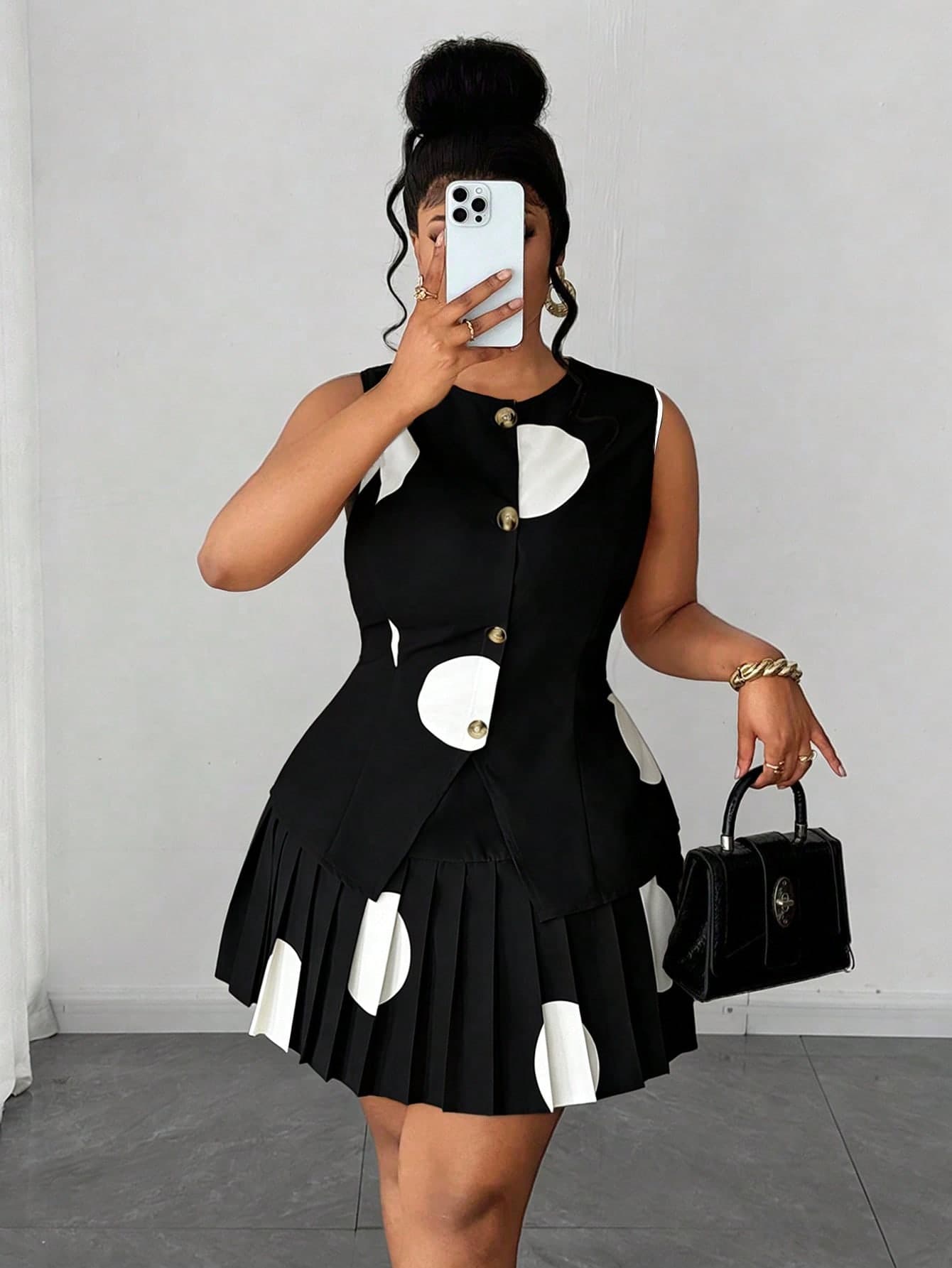Maweii Plus Size Women Polka Dot Print Black And White 2-Piece Set,Elegant Round Neck Button-Up Sleeveless Top & Pleated A-Line Skirt,Autumn Dinner Outfits