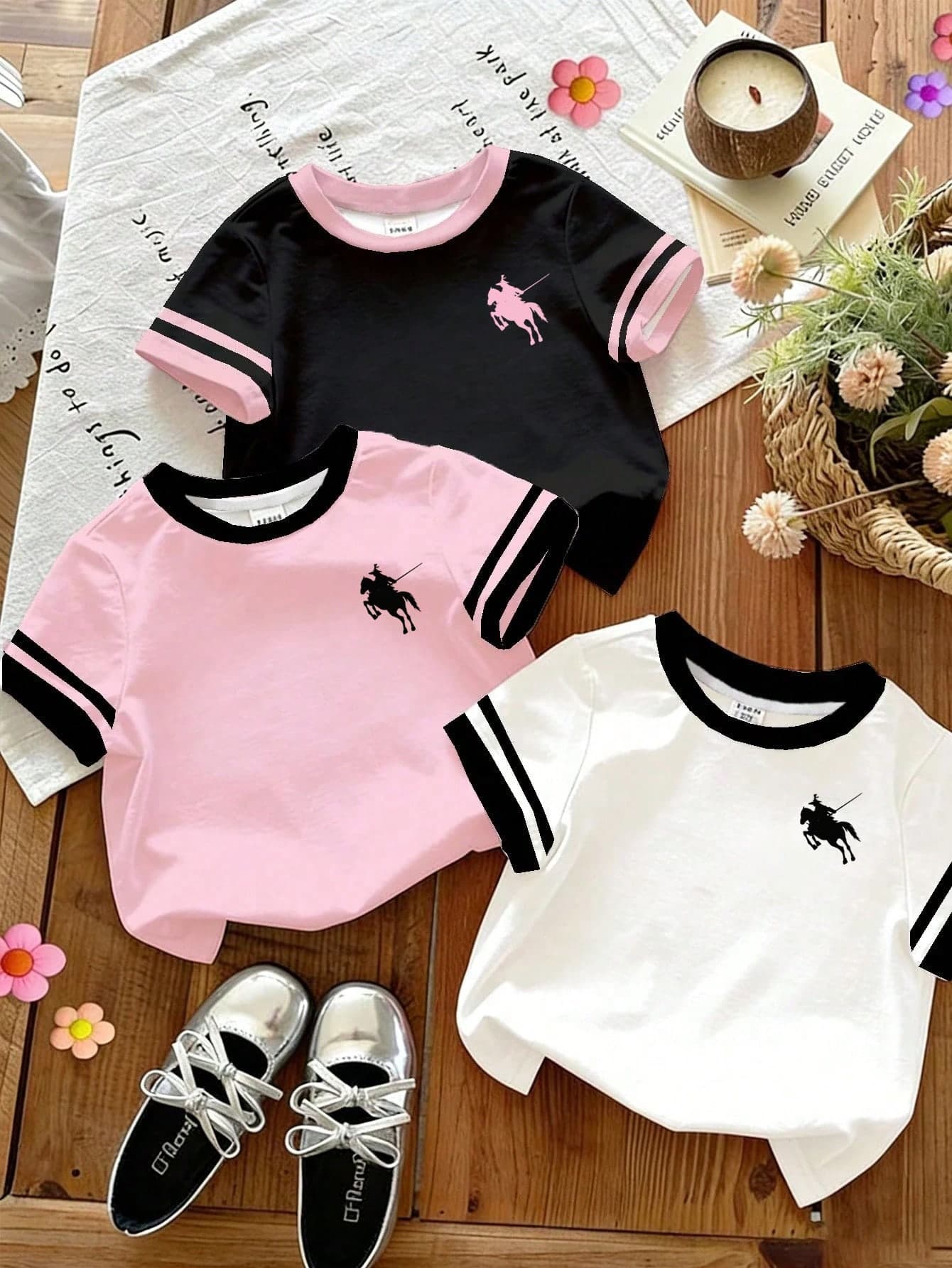 SHEIN 3pcs/Set Girls Toddler Digital Print Short Sleeve Round Neck T-Shirts, Spring/Summer