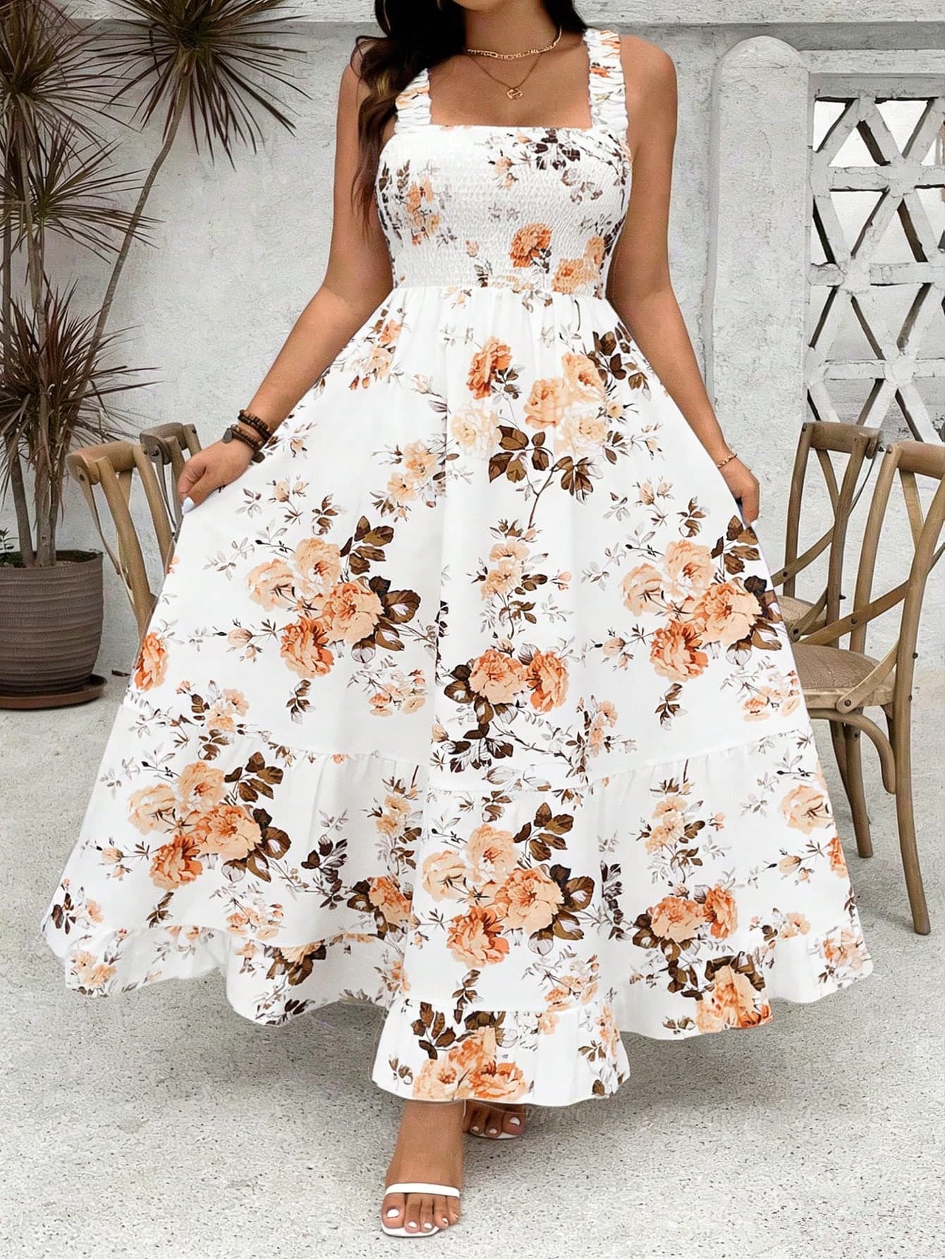 Ceyna Plus Size Women's Ditsy Floral Ruffle Hem Spaghetti Strap Adjustable Bust A-Line Maxi Dress,Elegant White Summer Boho Tea Party Holiday Outfit