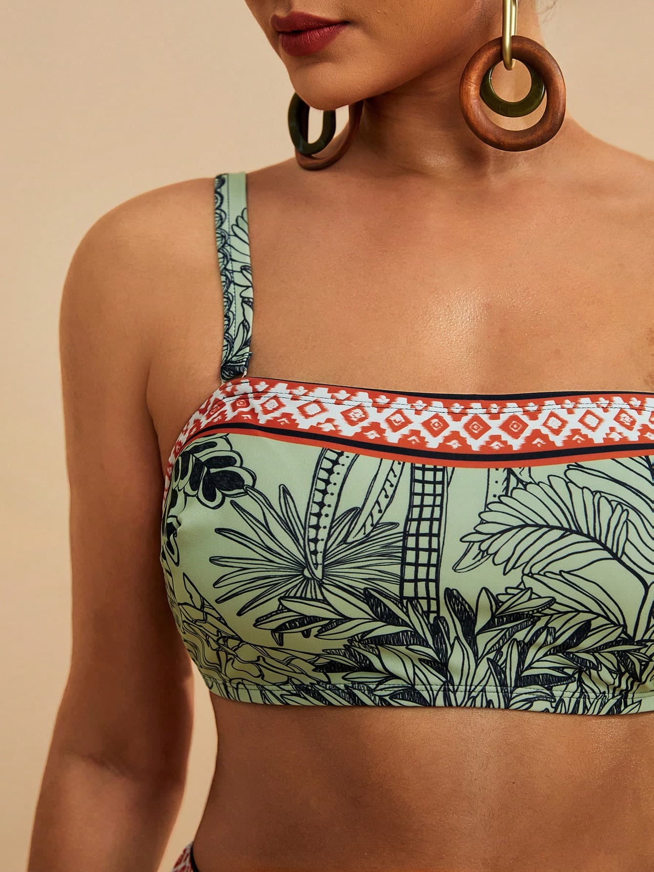 Travachic Plus Size Women's Printed Swimwear Set, Bandeau Tie Bow Swimwear Top Summer Beach Outfit Vacation Bikini Bathing Suits