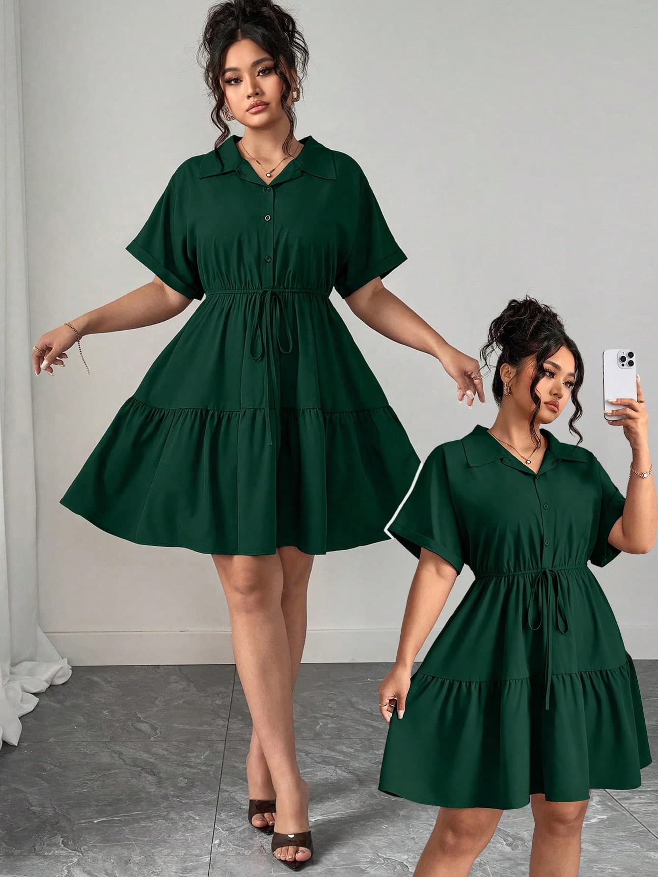 Elenzga Plus-Size Loose-Fitting Casual Shirt-Style Dress With Rich Details