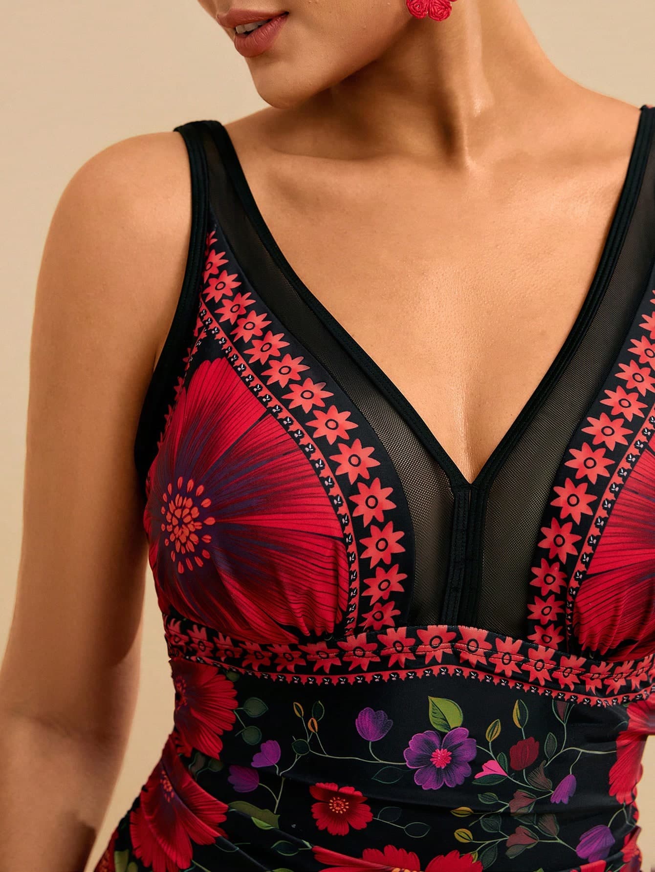 Travachic Plus Size Floral Print One-Piece Swimsuit For Beach Vacation Summer