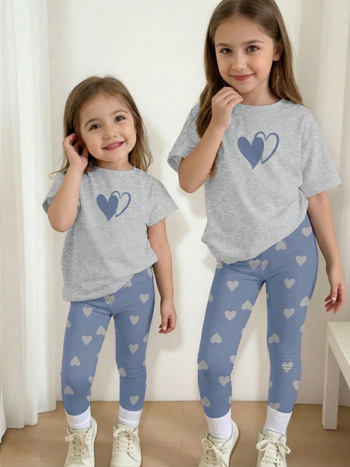 Baby Girl Light Blue Heart Pattern T-Shirt And Leggings Set, Summer Casual Cute Family Matching Deer Outfit, Soft Round Neck Short Sleeve Baby Girl Clothes