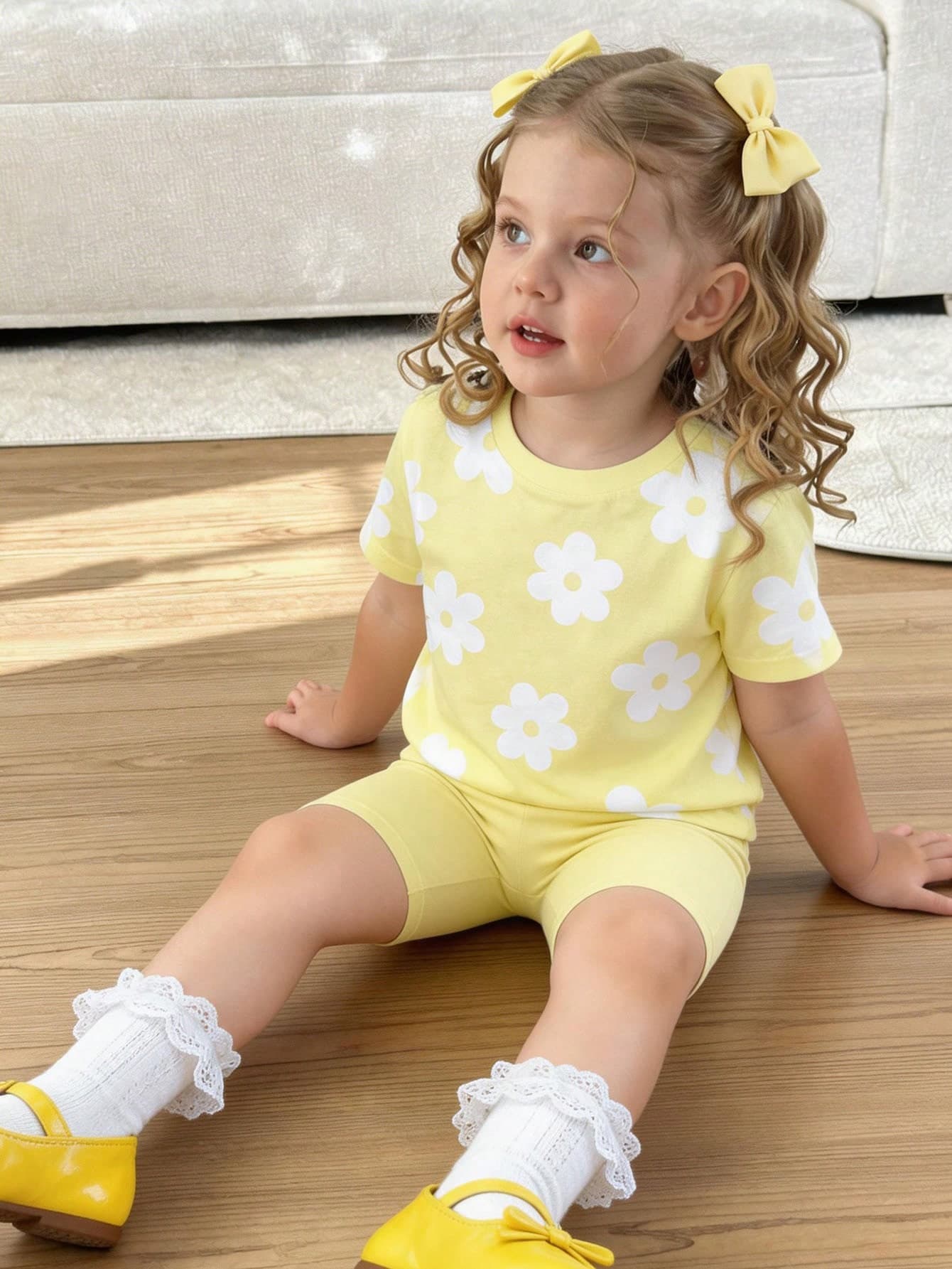 SHEIN LMoss Kids Baby Girl Cute Floral Print Short Sleeve T-Shirt And Tight Cycling Shorts Set,Pastel Yellow Summer Vacation Casual Loose Round Neck Outdoor Outfit