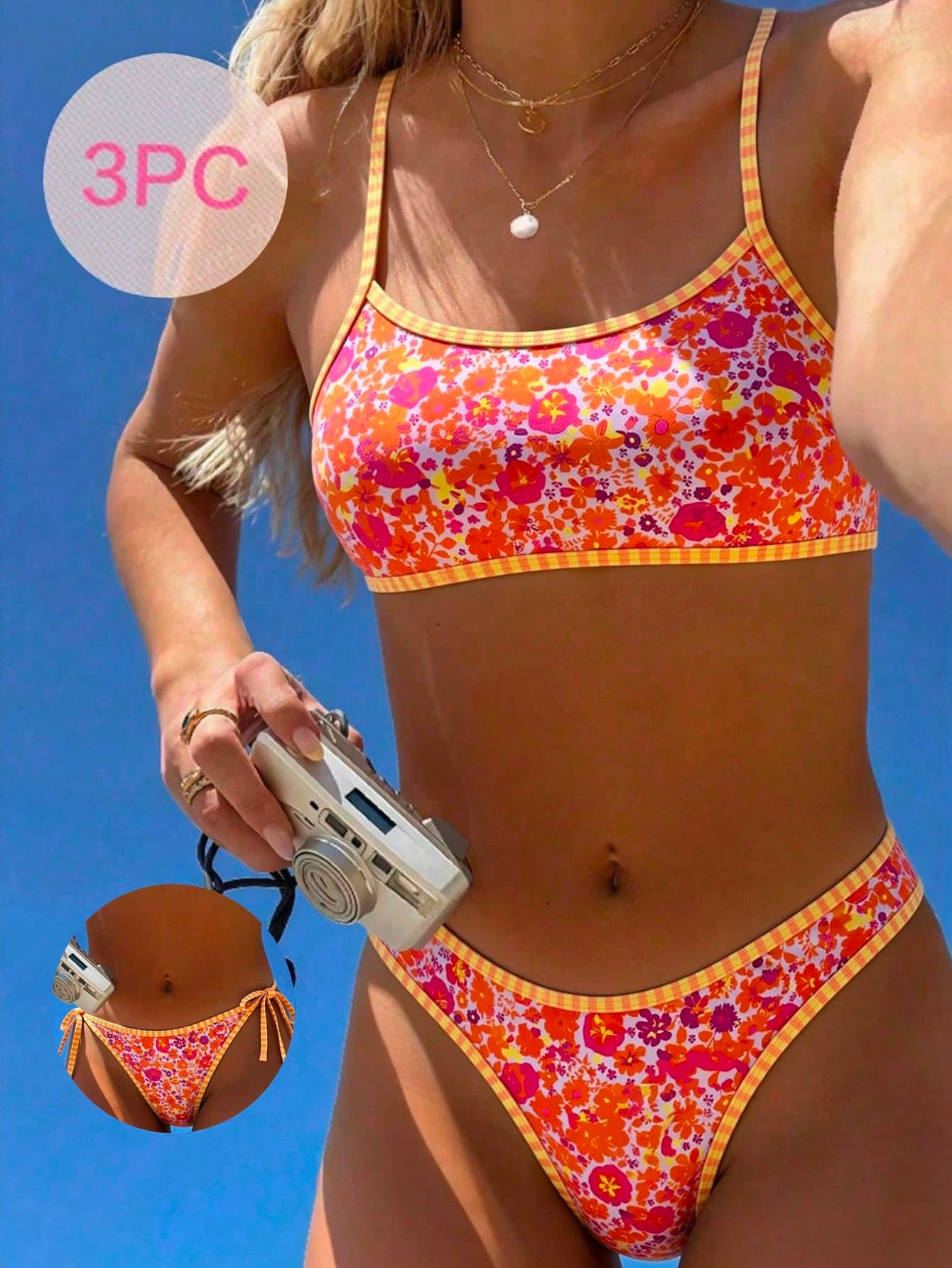Swim Mod 2025 New 3pcs/Set Women's Spaghetti Strap Wireless Solid Color Tankini Swimwear Set