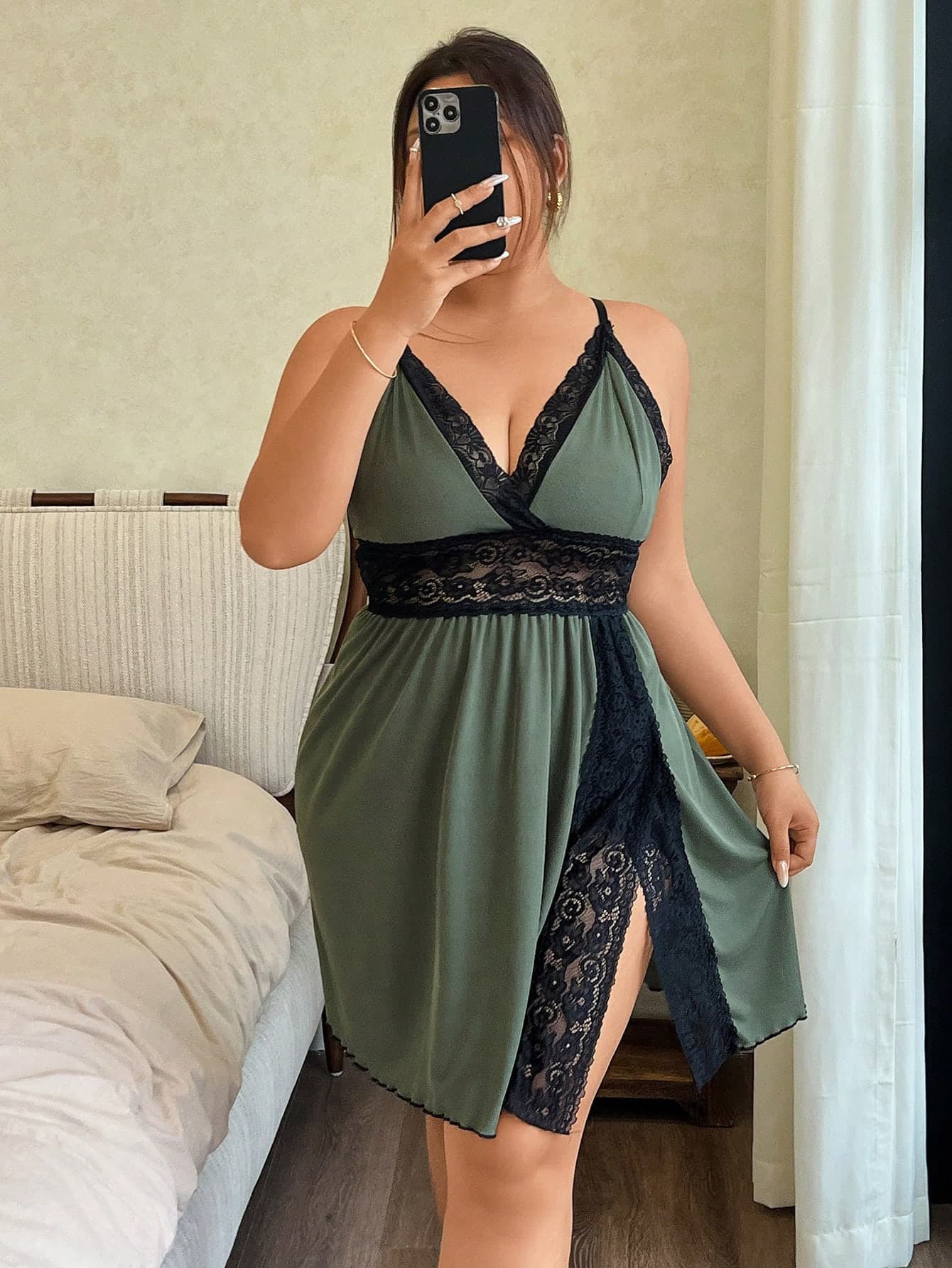 Napfluff CURVE Napfluff CURVE Olive Green Lace Trim Slit Cinched Waist Plus Size Camisole Dress