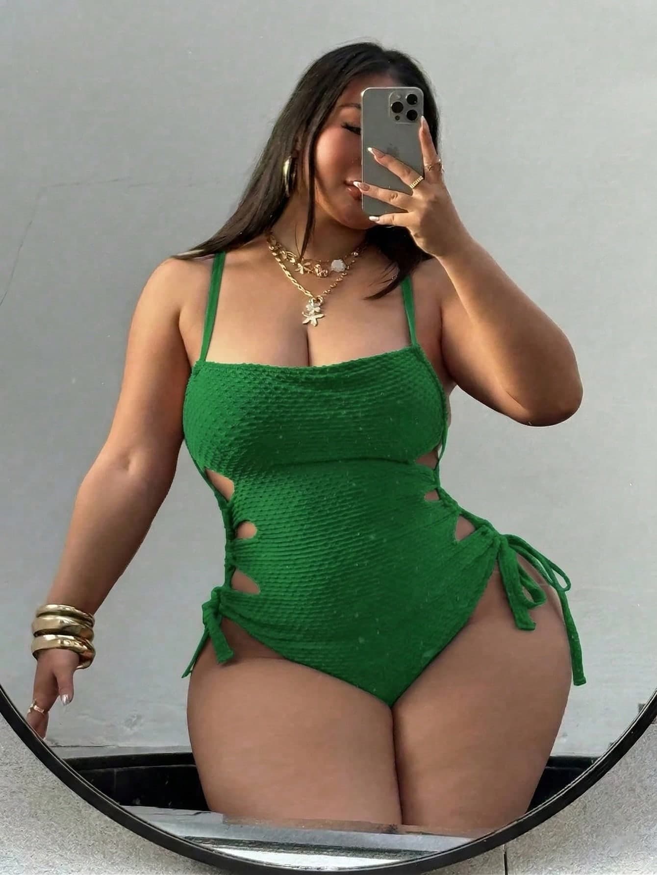 Swim SXY Plus Size One-Piece Swimsuit 2026, Summer Beach Hollow-Out Drawstring Side Spaghetti Strap Sexy One-Piece Swimsuit Swimwear