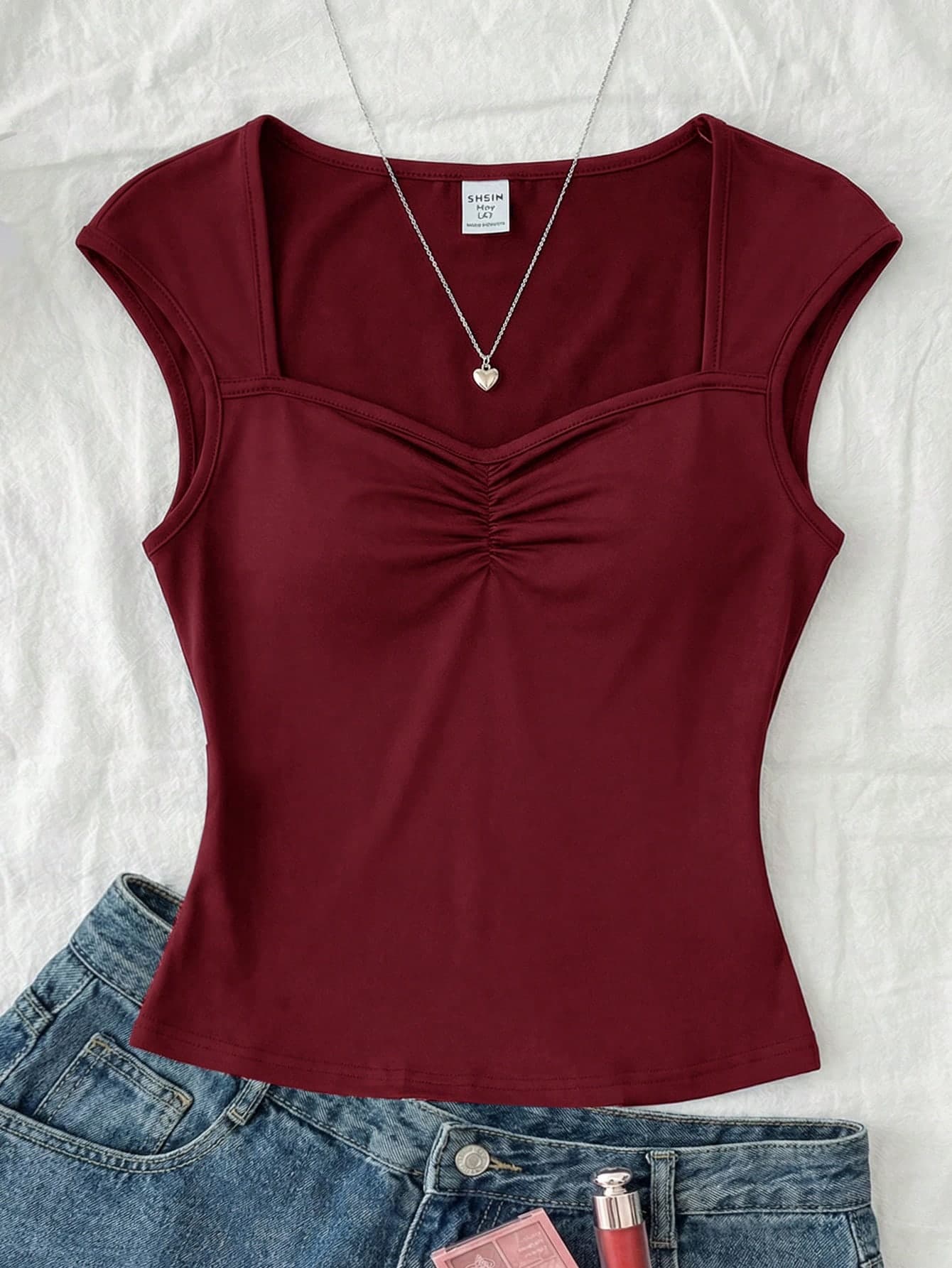 SHEIN Navy Blue Knit Solid Ruched Bust Sweet Girl Cute Shrug T-Shirt, Suitable For Back-To-School, Cute, Holiday Family Outdoor Spring Picnic, Everyday Wear
