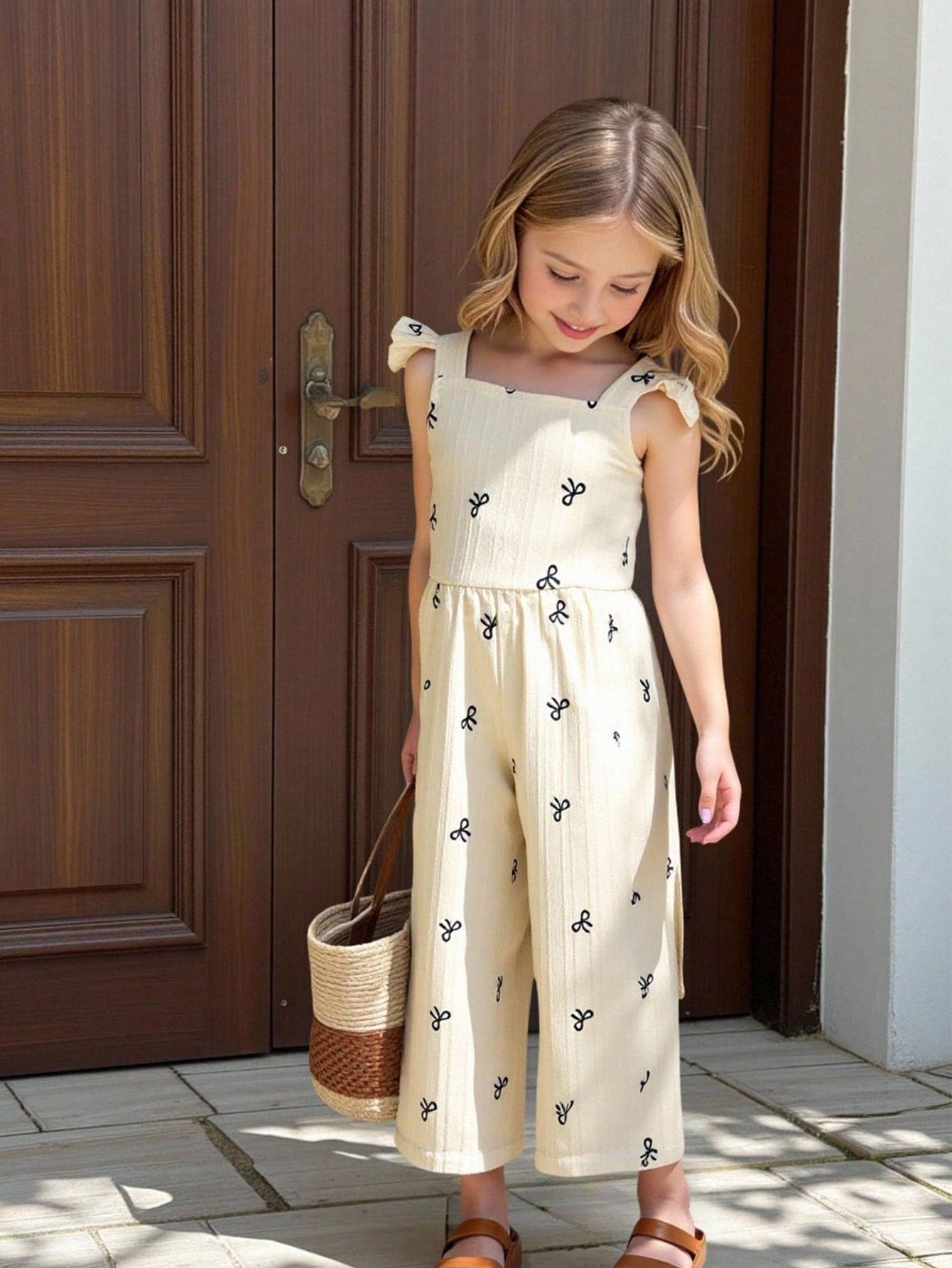 Genkimix Kids 1pc Vintage Casual Fitted Unique Bow Tie Print Jumpsuit, Suitable For Outdoor, School In Summer, Pastoral Minimalist Style,جمبسوت Back To School