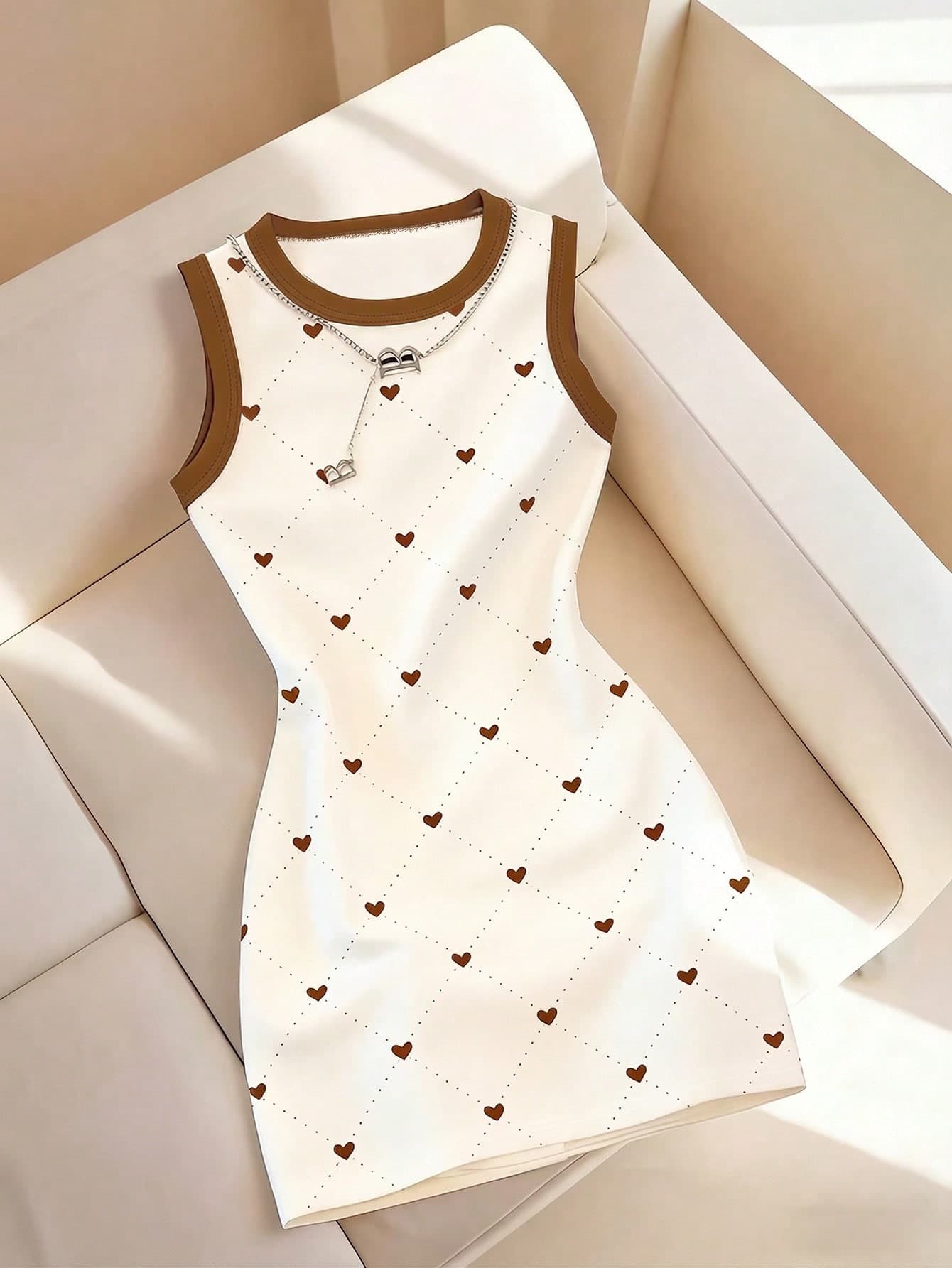 Resyla New Casual Heart Print Round Neck Sleeveless Dress