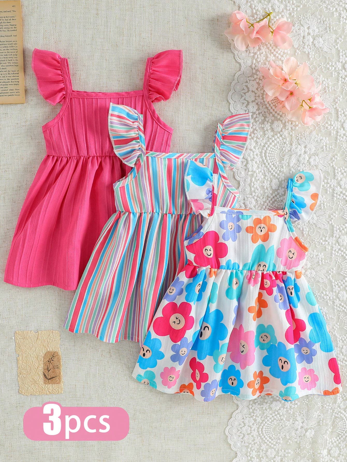 SHEIN 3pcs Baby Girl White Floral Summer Cute Holiday Ruffle Sleeve Dress Set Rainbow Striped Print & Solid Color Dress For Party Vacation & Daily Wear