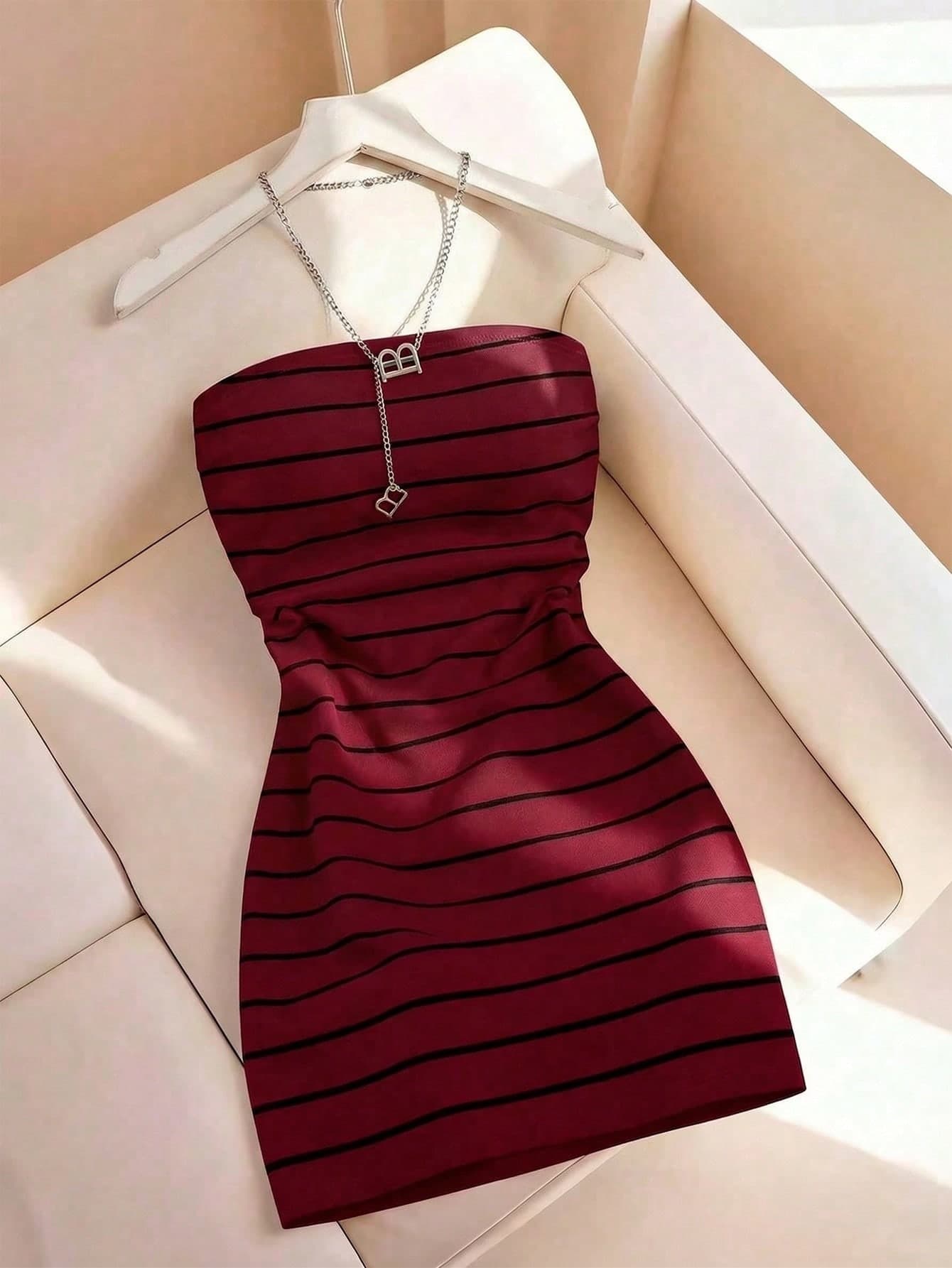 Resyla Women's New Striped Print Round Neck Fitted Tube Dress, Spring/Summer