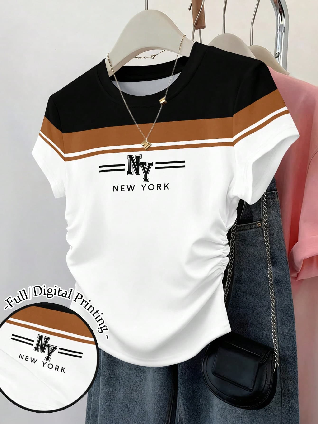 Resyla Women's Waist Cinched Multicolor Stripe Patchwork Short Sleeve Graphic Print Tee Tops Tshirt