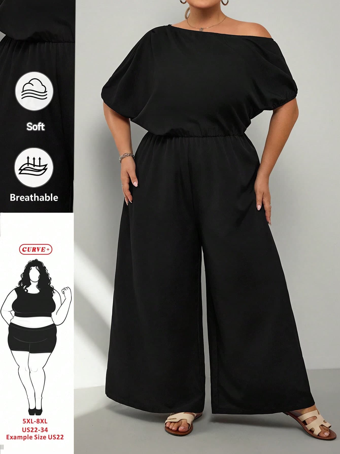 SHEIN CURVE+ Women's Plus Size Black Autumn Smart Casual Everyday Elegant One Shoulder Pleated Extra Long Wide Leg Jumpsuit For Party, Date&Graduation Season