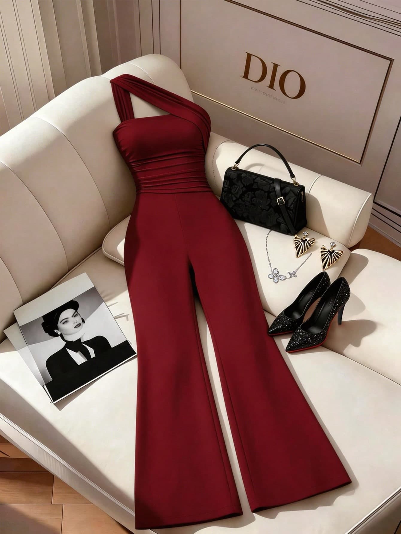 GlowEve CURVE Plus Size Women's Elegant Burgundy Summer Jumpsuit,Curve Open Shoulder Cocktail Outfit,Casual Commute Vacation Red Carpet Waist Pleated Wide Leg Set