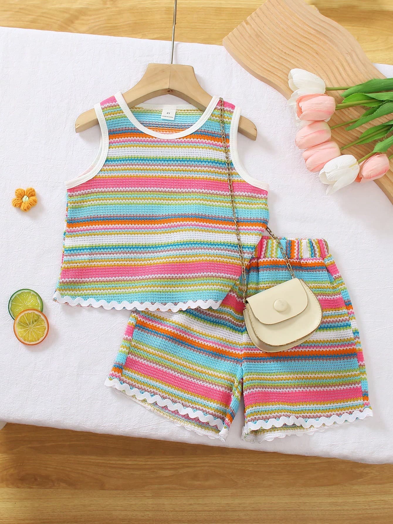 Girls Summer New Rainbow Striped Textured Tank Top & Casual Shorts Set,Retro Kids Outfits For Family Vacation,Beach Matching Clothing Sets