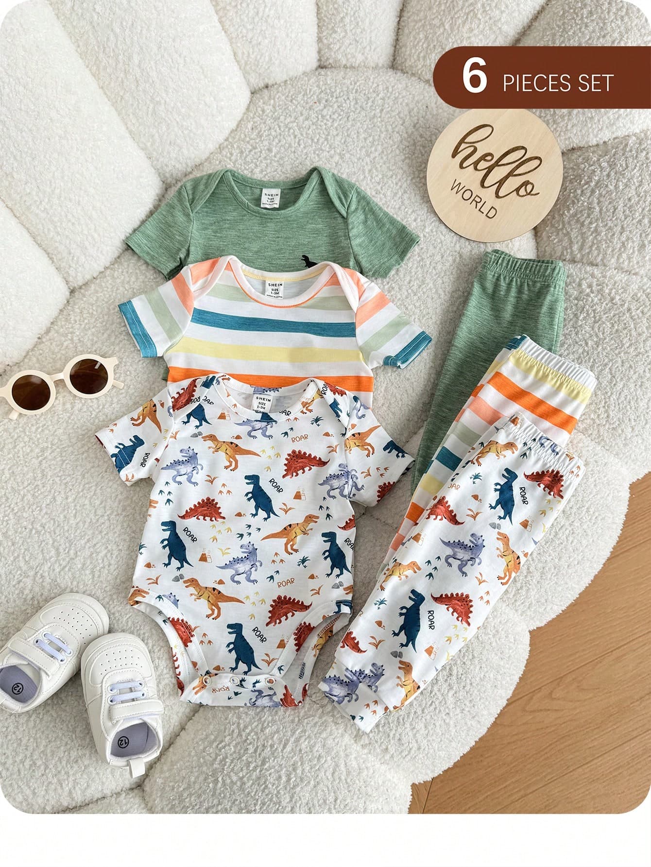6-Piece Newborn Baby Boy Girl White Summer Casual Cute Family Matching Dinosaur Cartoon Knitted Short-Sleeve Bodysuit & Elastic Waist Pants Set