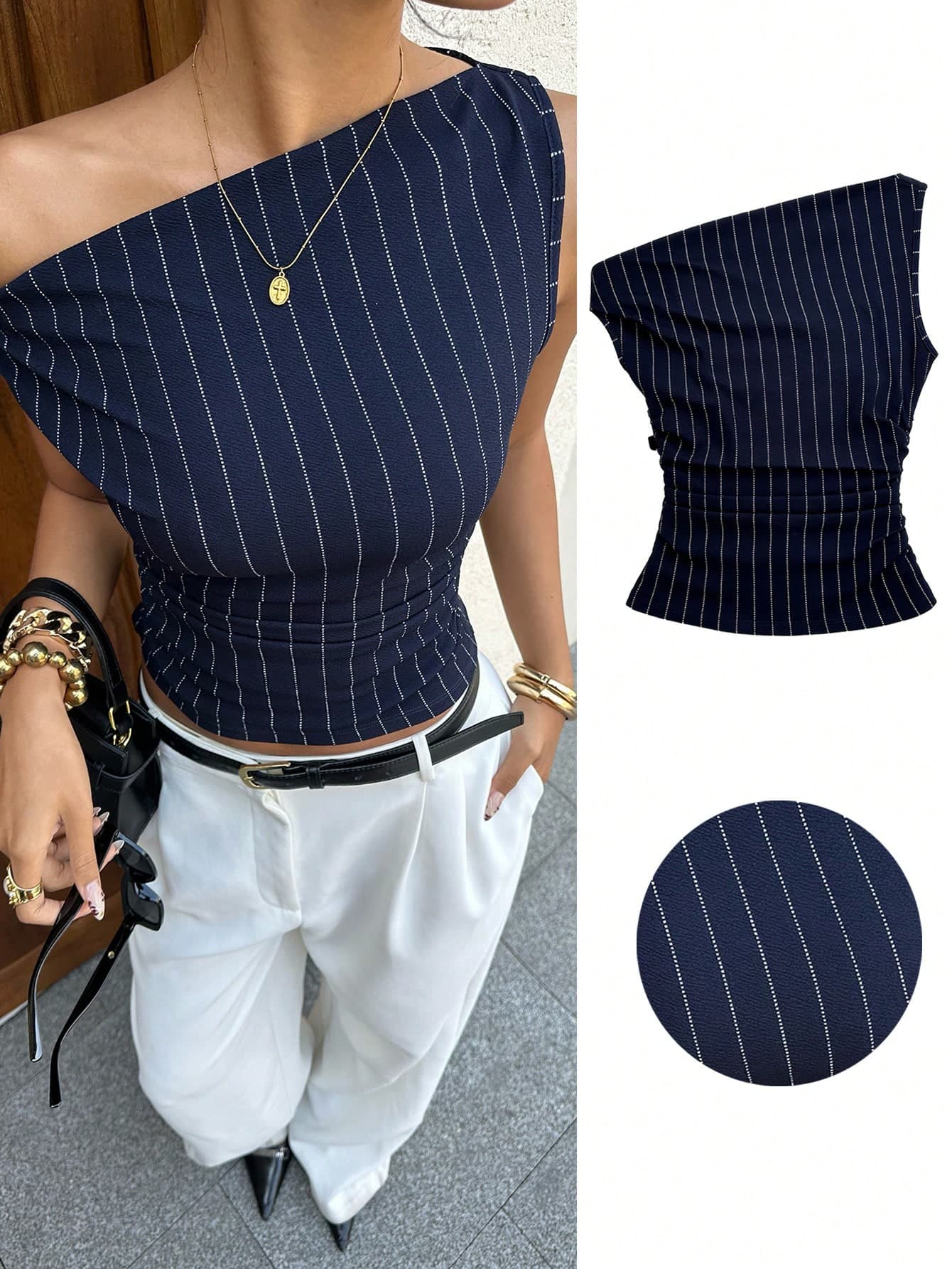Siren Gaze Women's Navy Blue And White Striped Asymmetric Shoulder Pleated Top, Summer Casual Elegant Office Top, Old Money Style Work Wear Wedding Guest