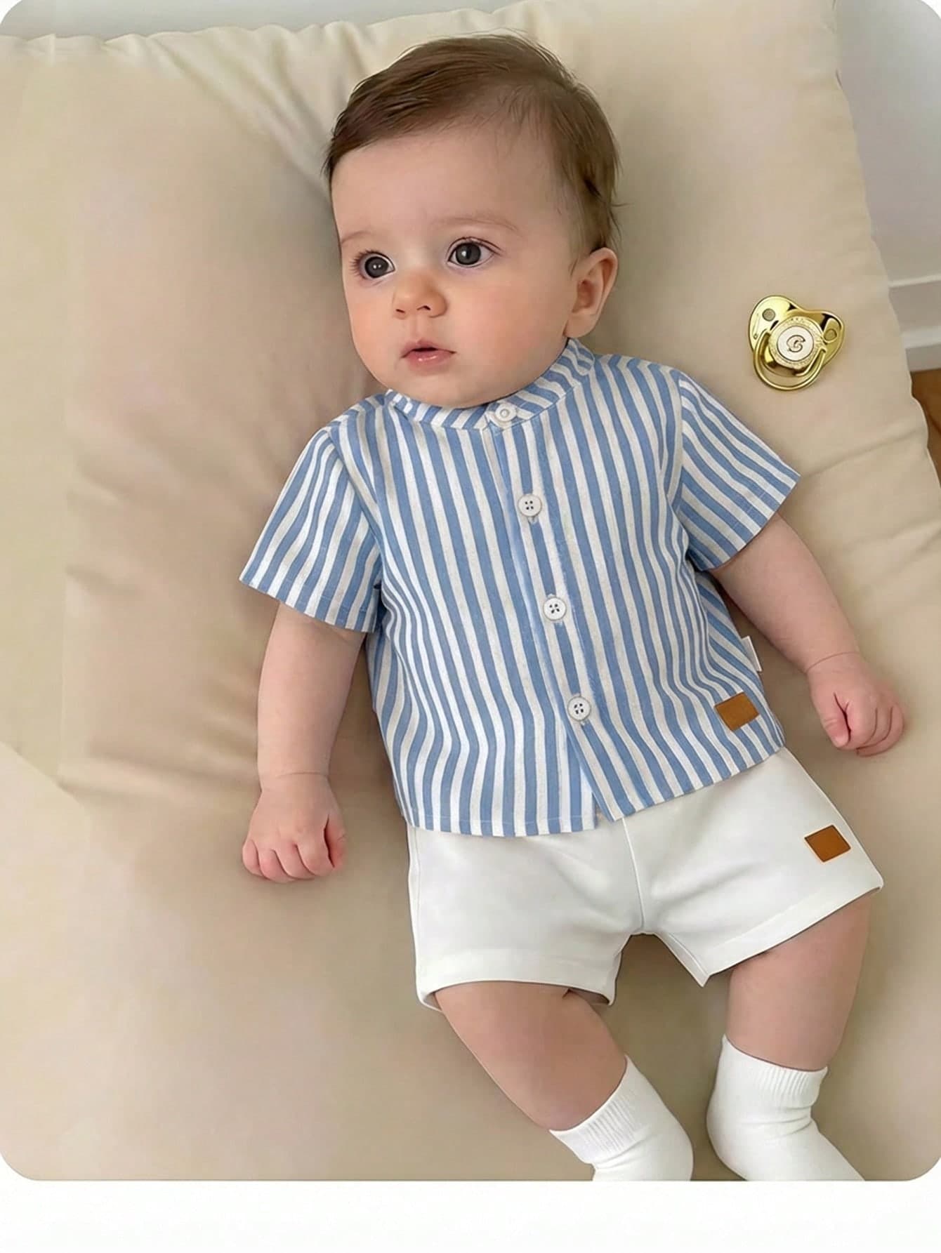 Newborn Baby Boy Casual Cute Striped Short Sleeve Shirt And Elastic Waist Shorts Set