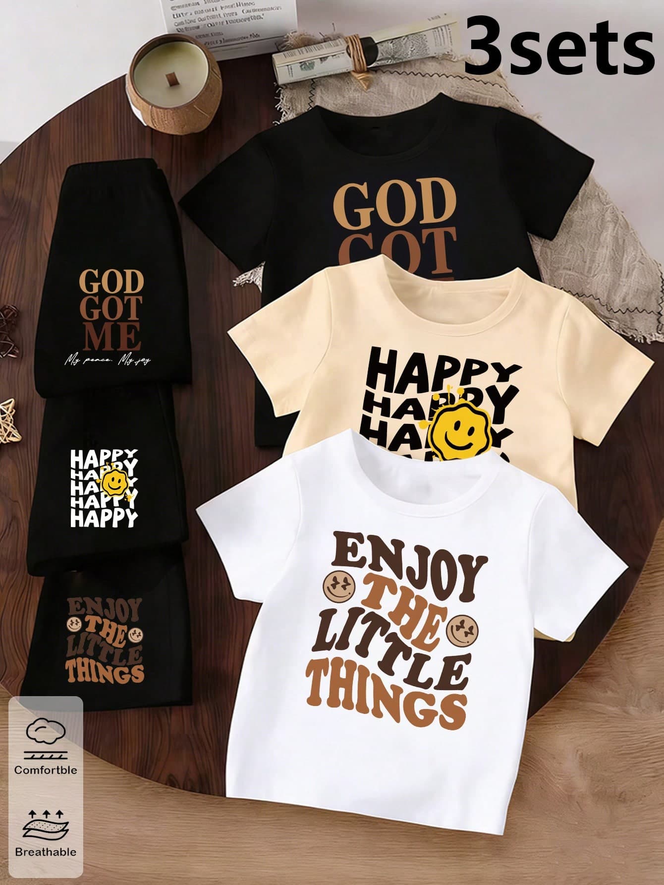 3pcs/Set Baby Boy Black Summer Casual Beach Outfits,Creative Face Slogan Letter Print Short Sleeve T-Shirt And Shorts Set,Comfortable Spring Clothing