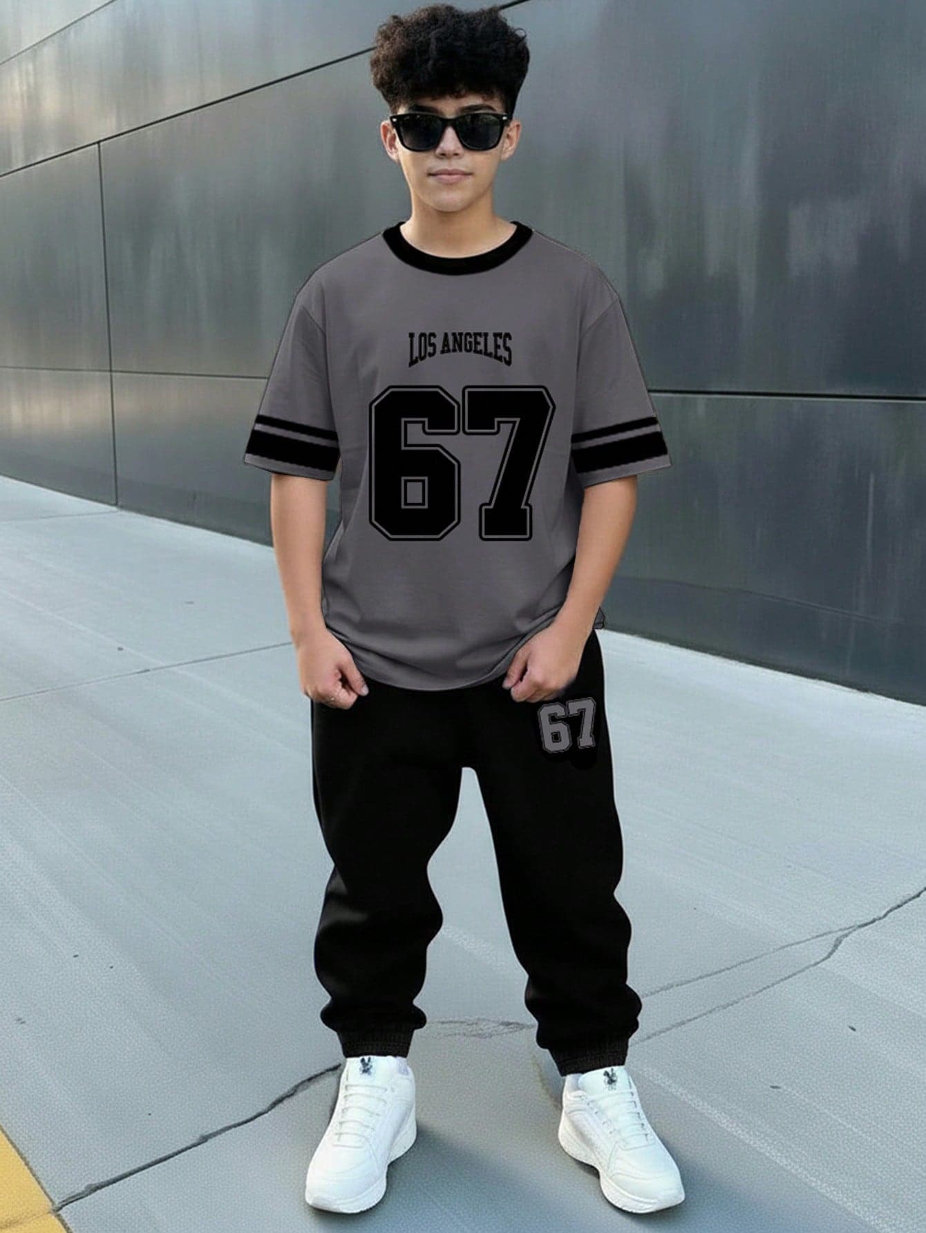 Tween Boy Back-To-School Black Summer Streetwear School Casual Y2K Style English Letter & Number 67,6&7 Sports Vibe Retro Colorblock T-Shirt & Pants