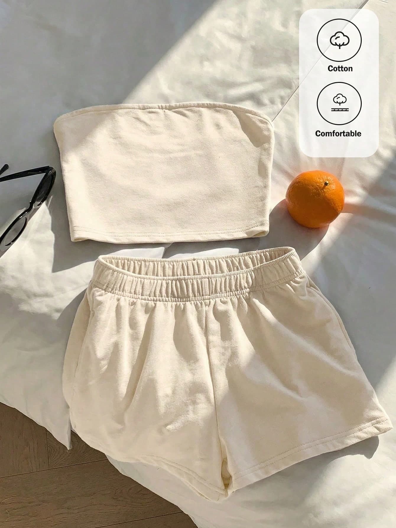 Comfortcana 2pcs/Set Women's Casual Apricot Cropped Tube Top And Shorts Set, Summer