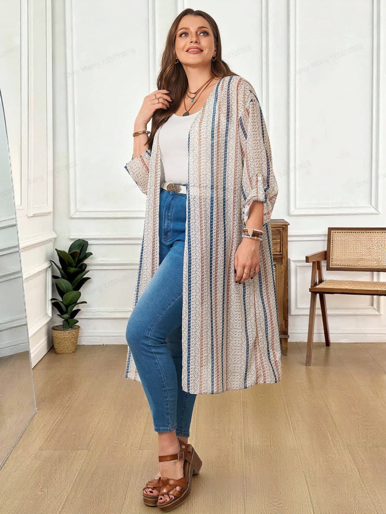 EMERY ROSE Plus Size Women Red Sequin Casual Striped Open Front Long Coat,Tropical Holiday Beach,Spring Summer Vacation,Country Concert Peplum