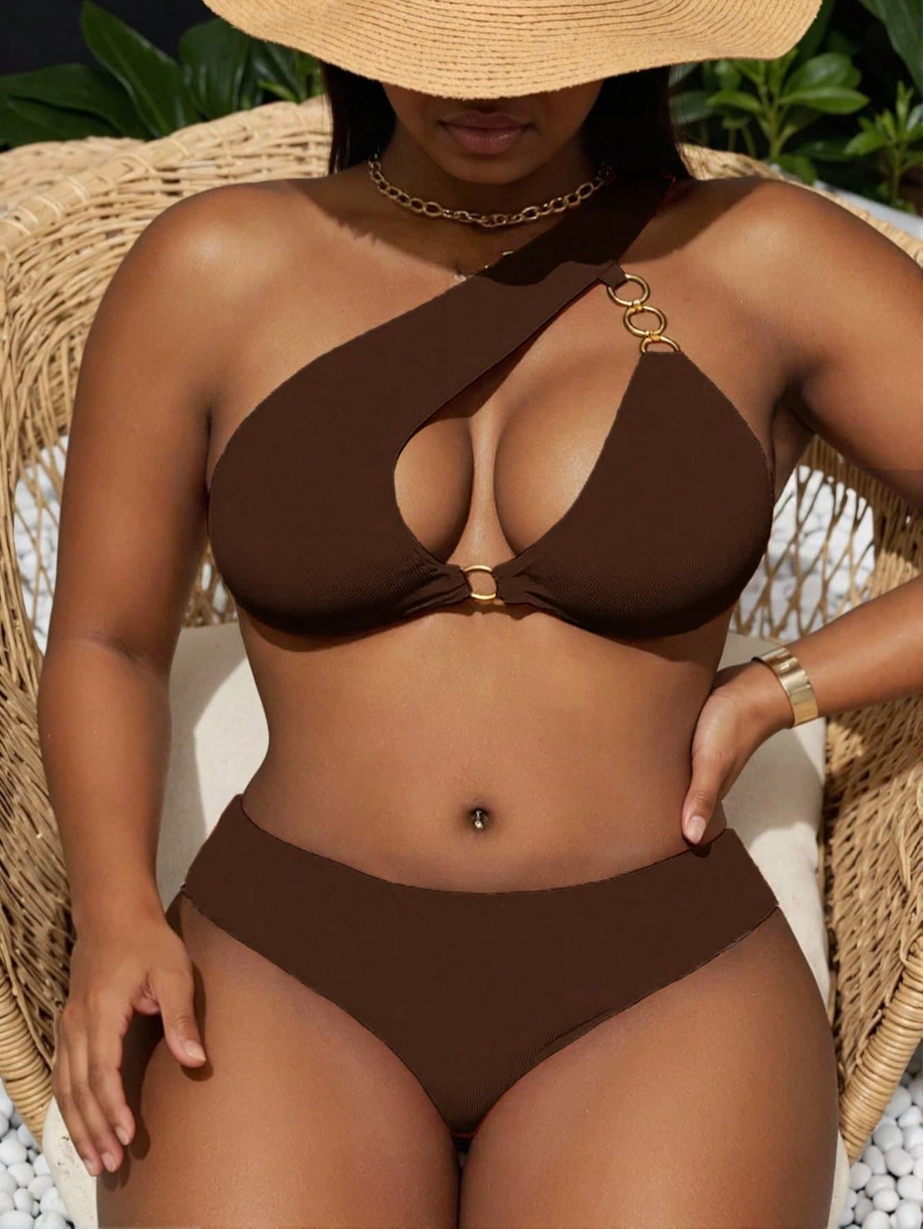 Swim Vcay Asymmetrical Hollow-Out Brown Plus Size Swimwear Set,Curve Two Pieces Bikini Sets Bathing Suit For Summer,Beach,Vacation,Holiday