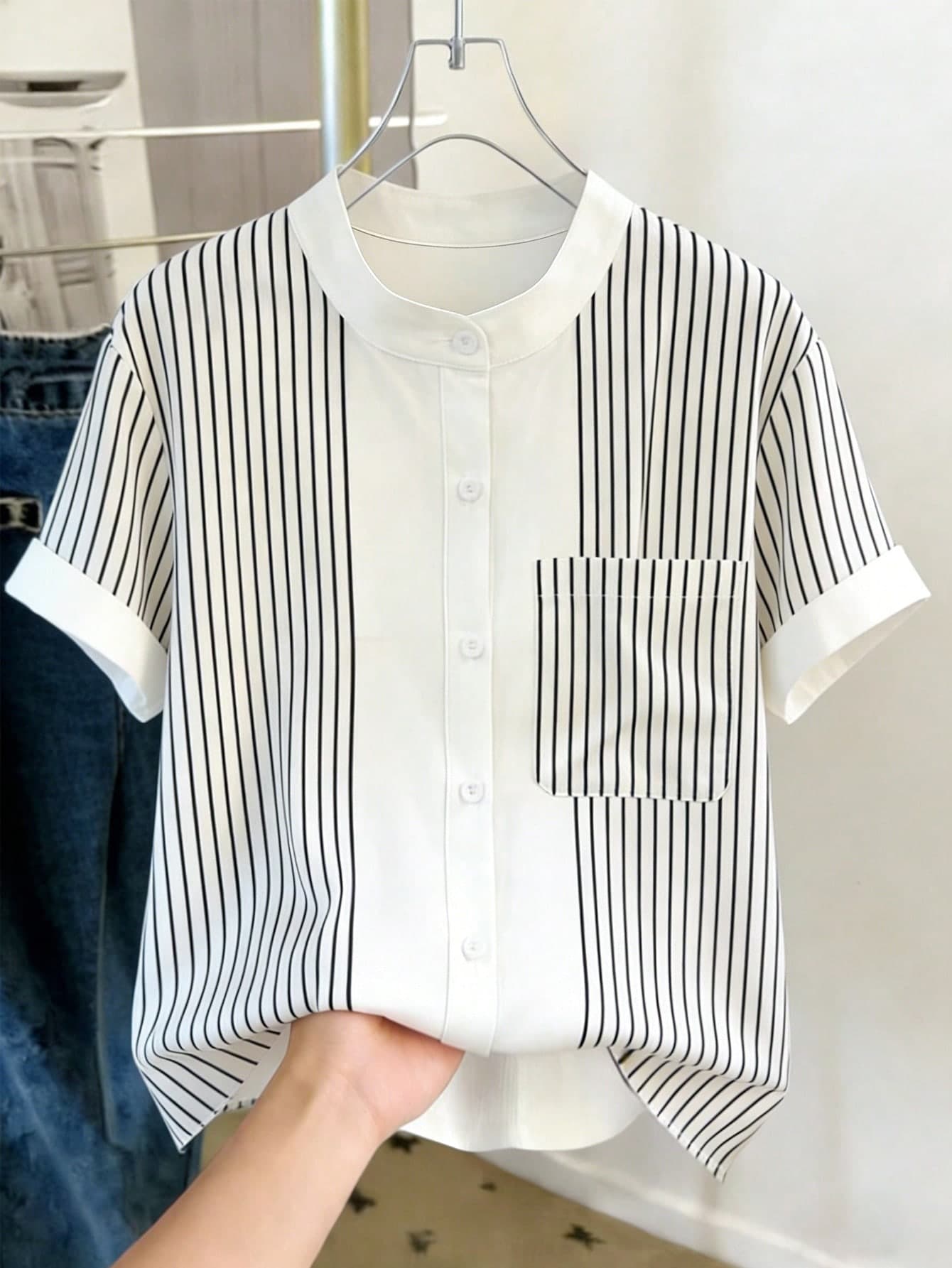 GlowEve Women's Striped Short Sleeve Single-Breasted Casual Pocket Shirt