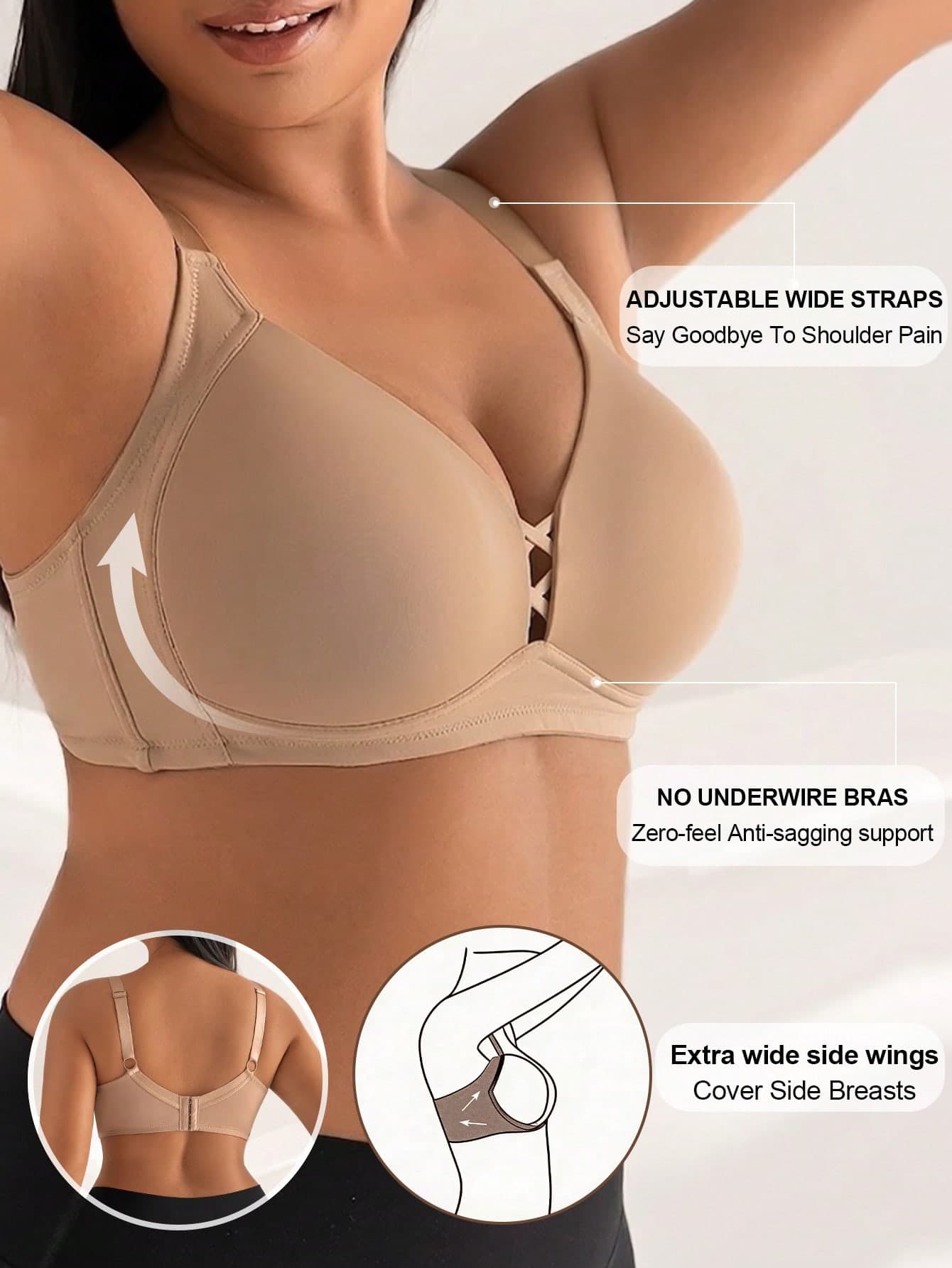 DesireSculpt Women's Plus Size Comfortable Solid Sexy Romantic & Simple Cross Strap Wire-Free Soft Cup Anti-Sagging Bra Wedding.