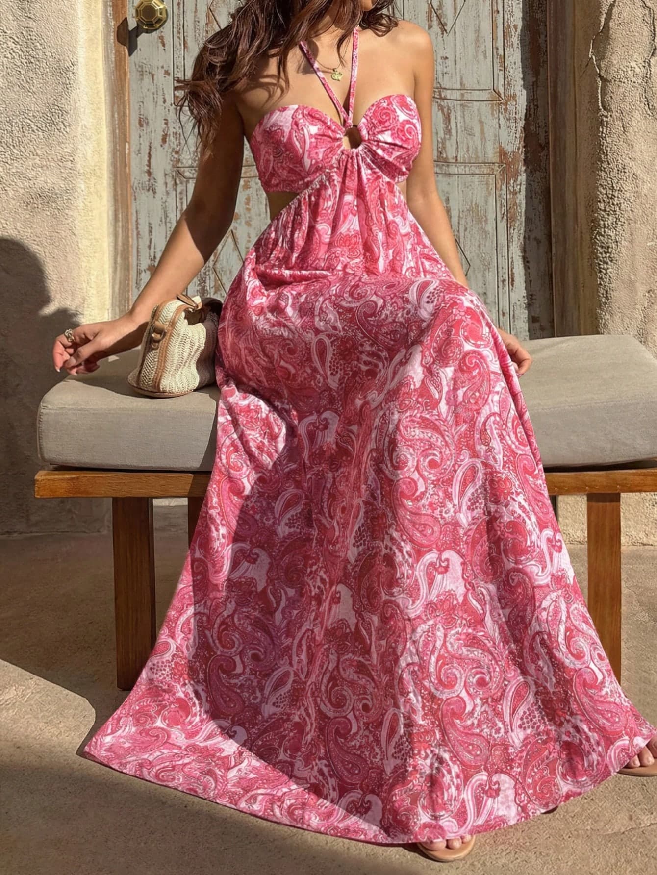 Sunnyshic Women's Fuchsia Paisley Print Strapless Backless Tie Waist Bodycon Dress, Sexy European And American Beach Vacation Style