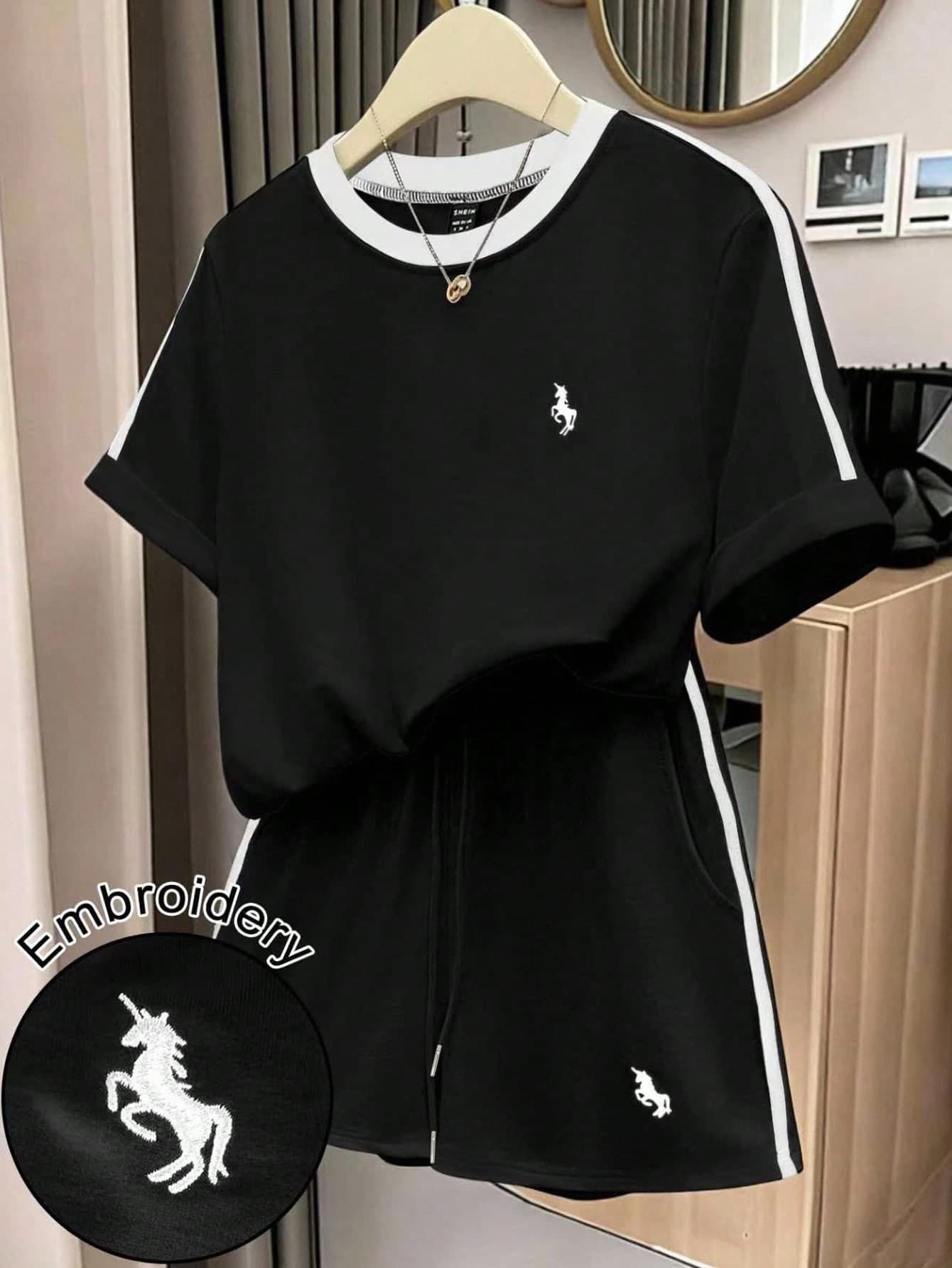 GlowEve Women's Fashion Black Summer Casual Workout Embroidered Contrast Side Stripe Round Neck Loose T-Shirt And High Waist Drawstring Shorts 2 Pieces Set