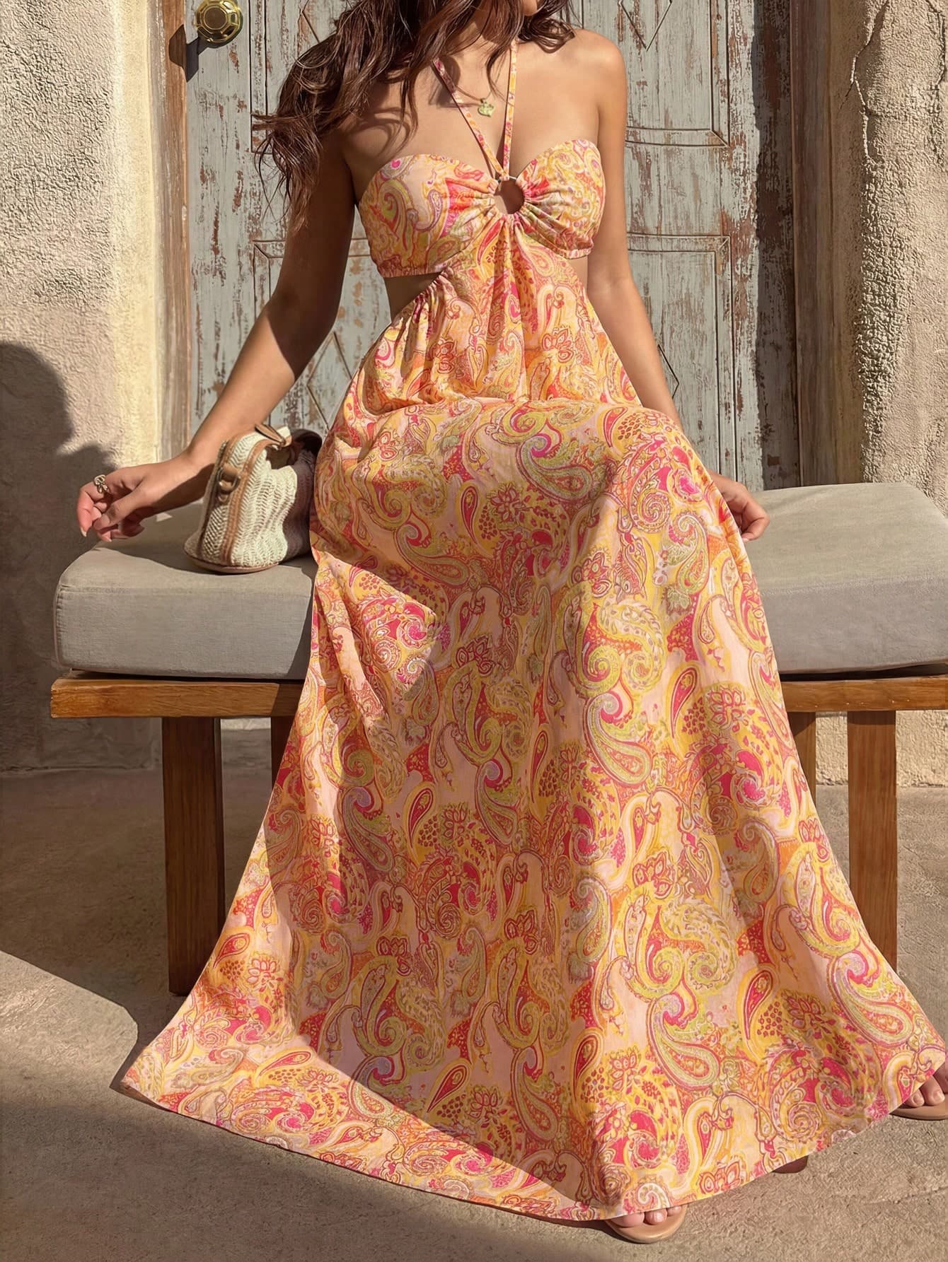Sunnyshic Women's Peach Red Paisley Print Strapless Tie Waist Bodycon Dress, Sexy European And American Beach Vacation Style