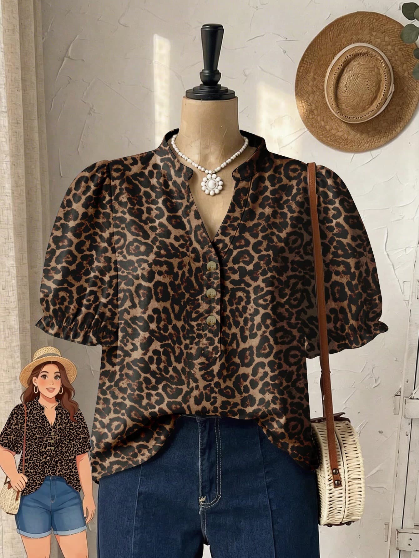 Rusticease Plus Size Women Casual Vintage Leopard Print Lantern Sleeve Shirt, Suitable For Summer