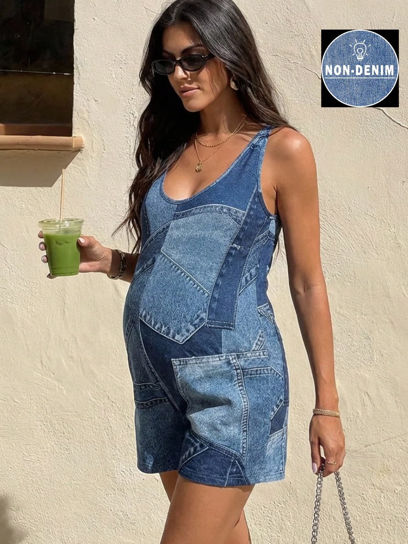 SHEIN Maternity Jumpsuit Blue Denim Print,Scoop Neck Slanted Pockets Sleeveless Fitted Style,Summer Smart Casual Pregnancy Met Gala Vacation All-Over Print