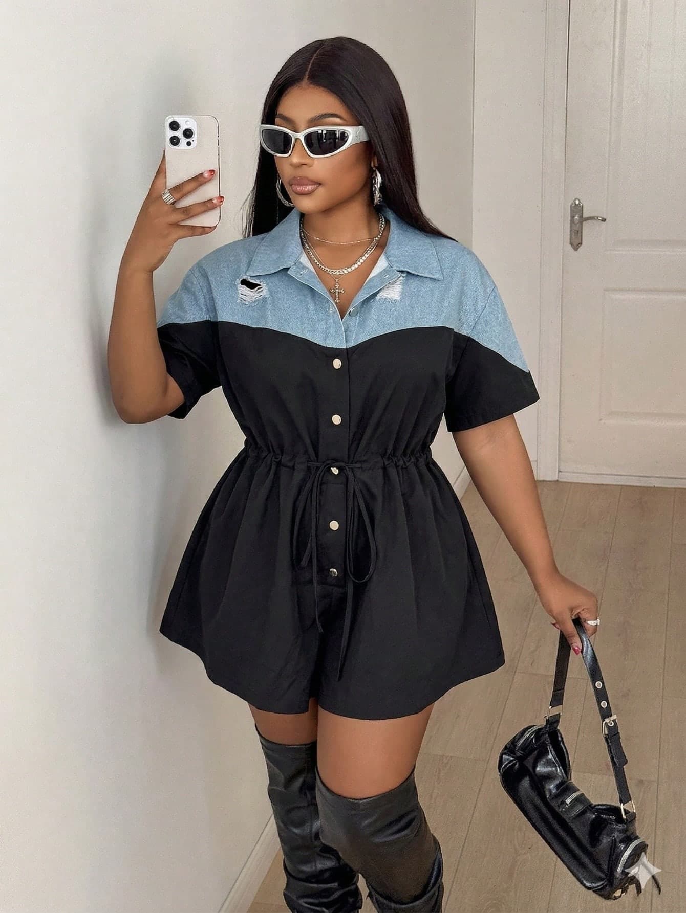 Maweii Plus Size Women Patchwork Denim Effect Print Short Sleeve Single-Breasted Casual Jumpsuit