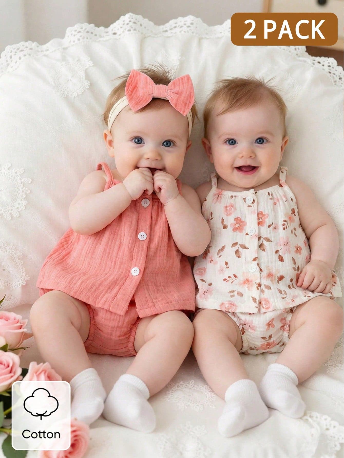 Light Pink Summer Cute Baby Shower New Born Girls Solid & Ditsy Floral Camisole Top And Triangle Shorts 2-Piece Set Twin Baby Clothes Photo Outfits