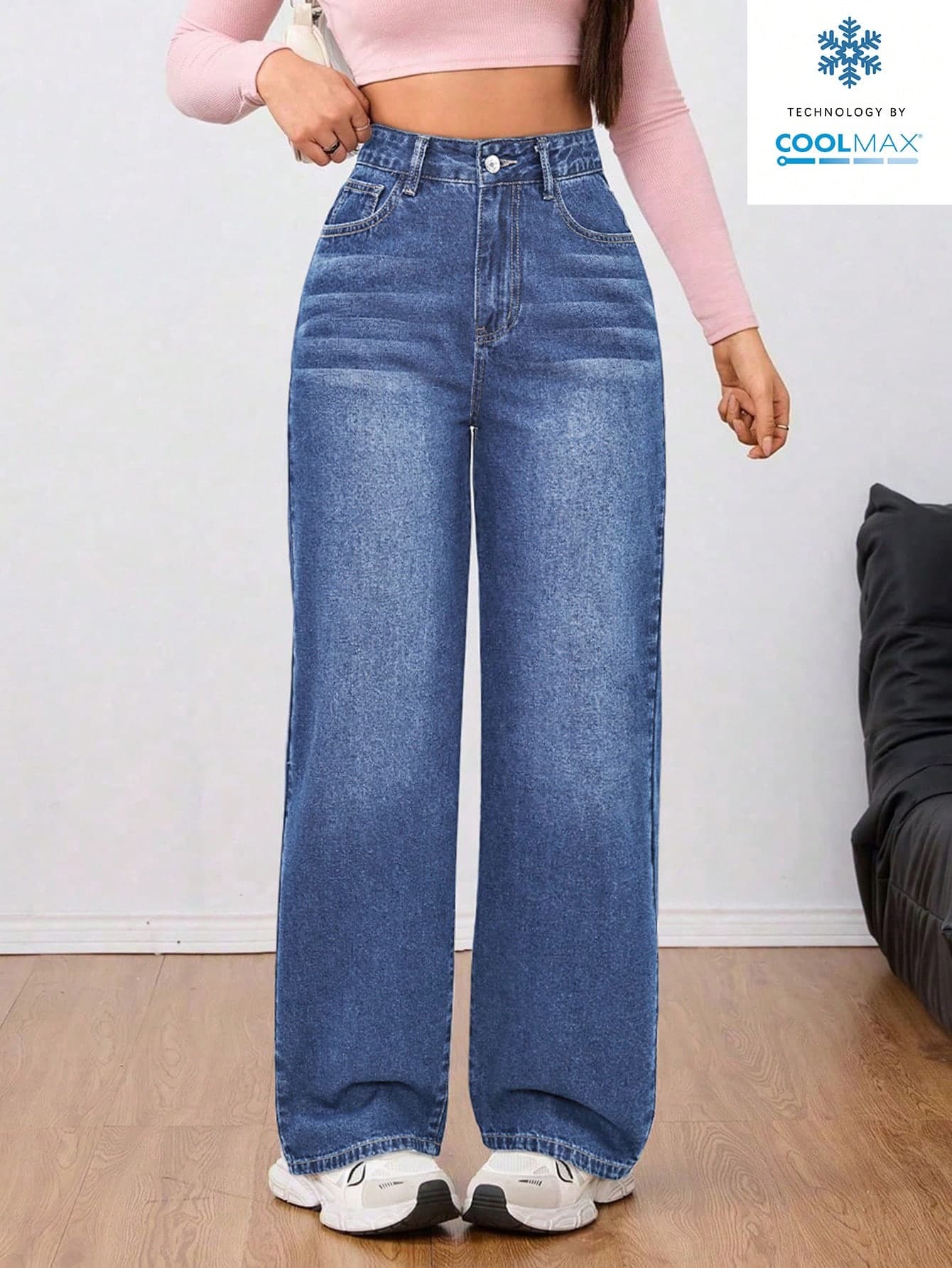 Rivivi Women's Solid Color Pocket Button Zipper Casual Denim Jeans