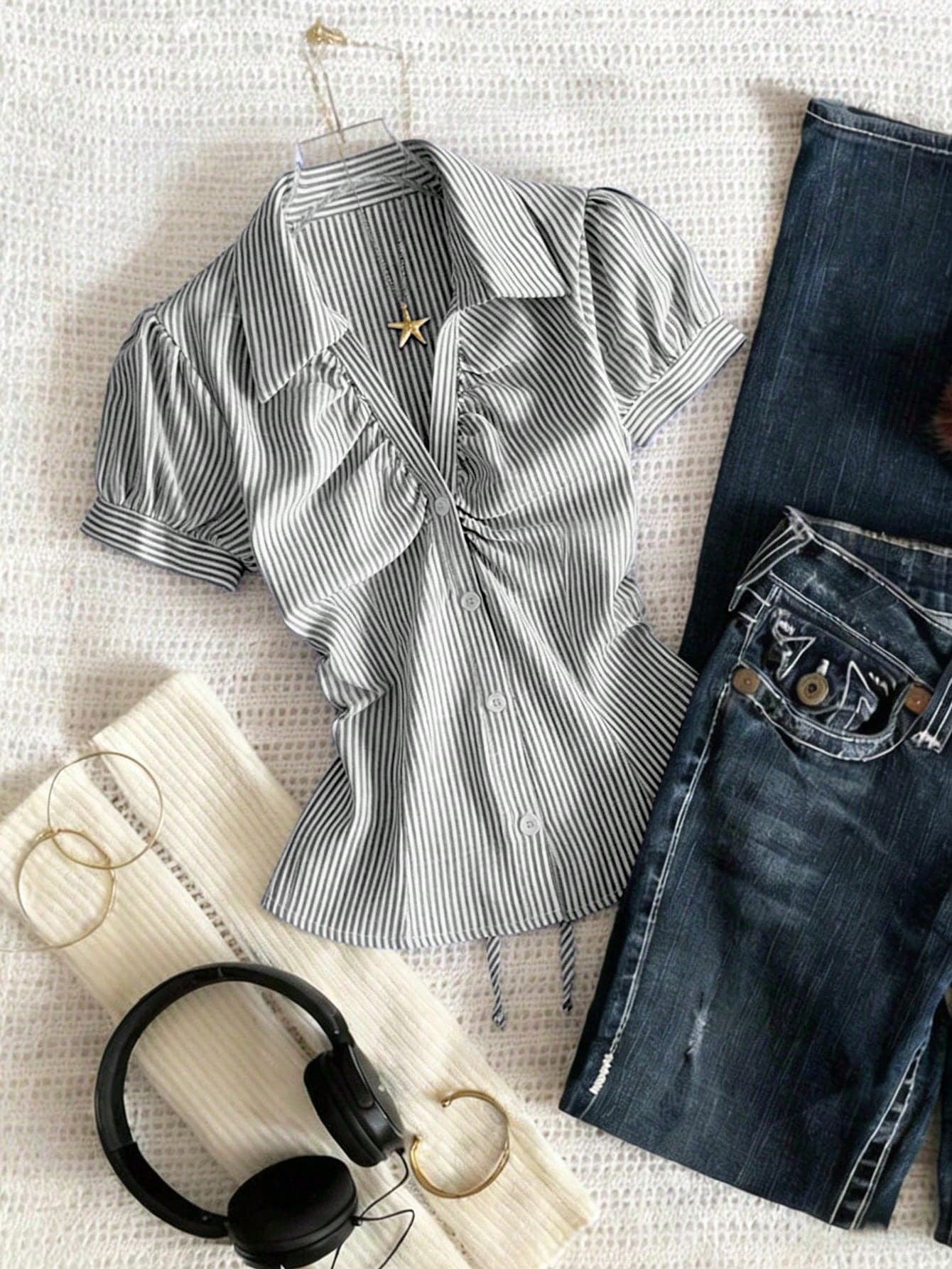 SHEIN Franclia Button Down Pleated Striped Blouse For Women Women's Striped Short Sleeve Top Casual Women's Blouse Zanzea Blouses For Women Women's Fashion Top