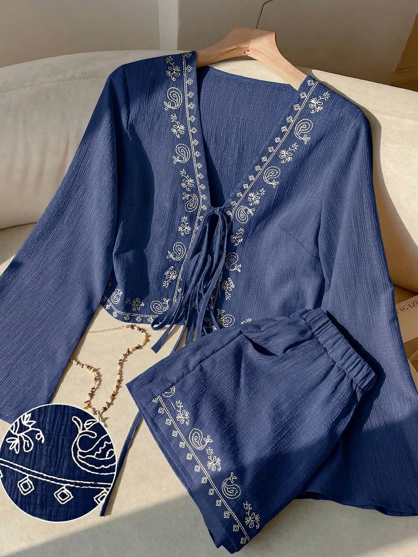 SHEIN EZwear 2pcs Women Navy Blue Embroidered Tie Front Long Sleeve Top And Shorts Set