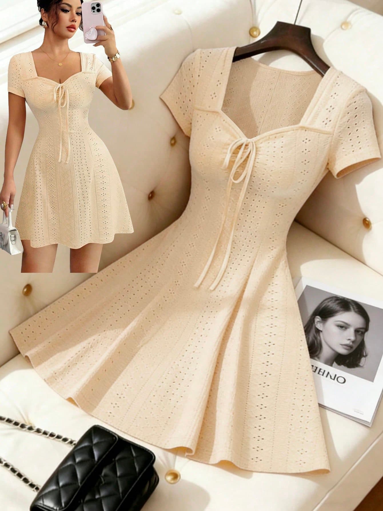 Elenzga New Summer Apricot Knitted Jacquard Elegant Slim Fit Tie-Front Mini Dress For Women High Tea