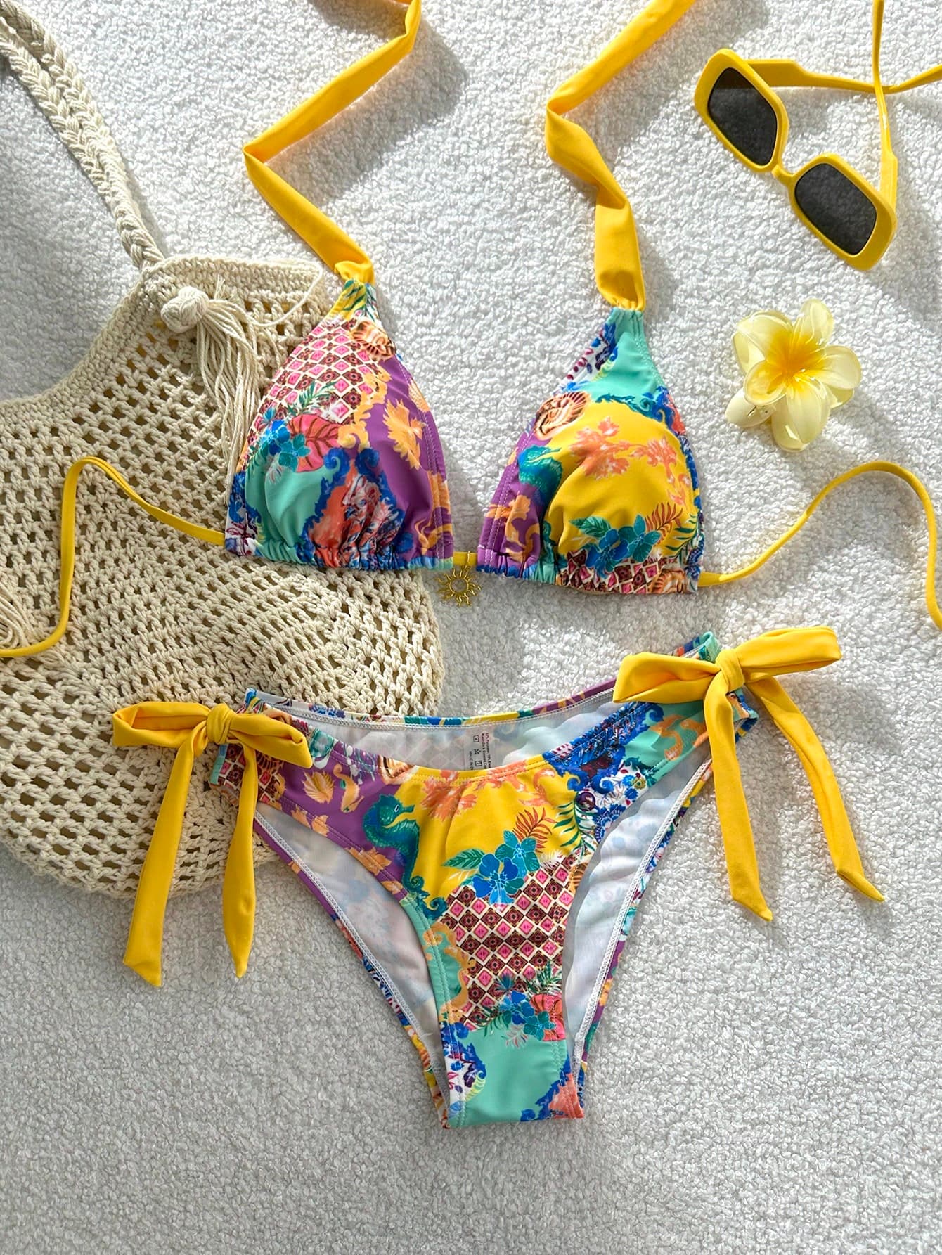Swim Vcay 2pcs/Set Summer Beach Girl Colorful Floral Print Halter Crop Top And Bowknot Side Tie Bottoms Bikini Set