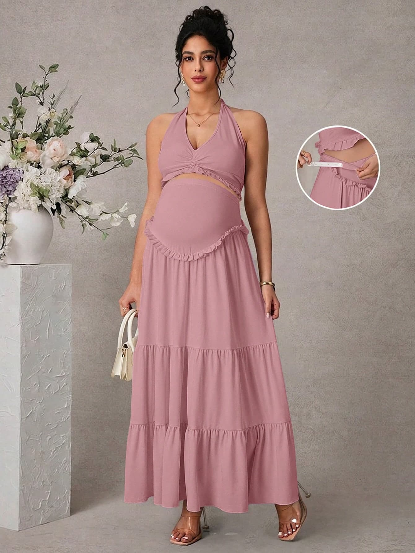 Momance Women's Solid Color Camisole Twist Knot Elegant Top Long Maternity Skirt 2-Piece Set Photoshoot Pink Summer