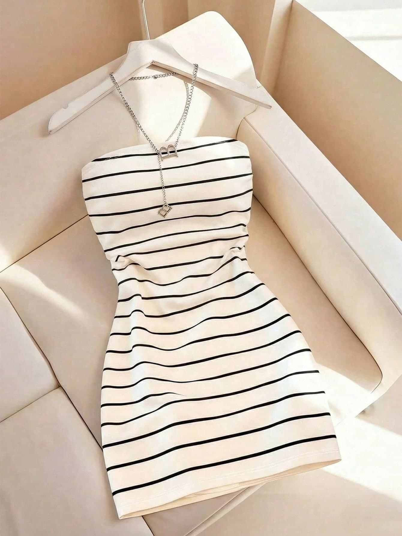 SHEIN Women's New Striped Print Round Neck Fitted Tube Dress, Spring/Summer