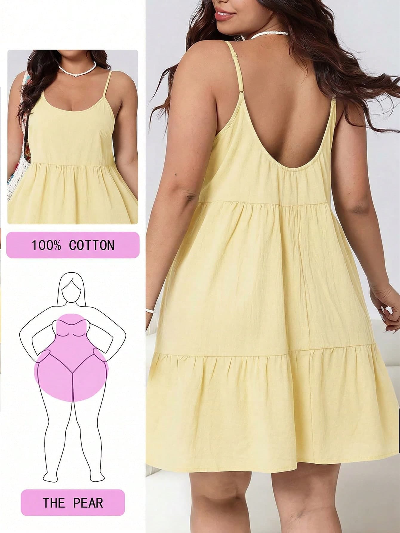 Solflare Plus Size Women Solid Color Ruffle Hem Backless Camisole Dress, Spring/Summer
